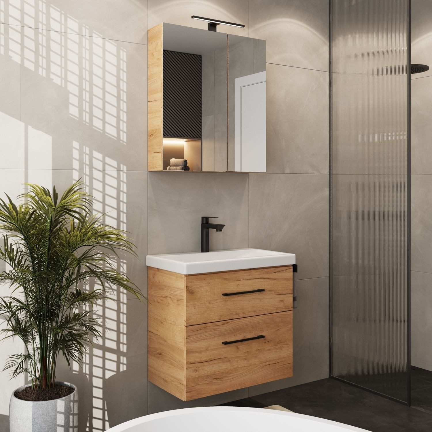 Planetmöbel Badmöbel-Set Waschtisch mit Spiegelschrank 63cm günstig online kaufen