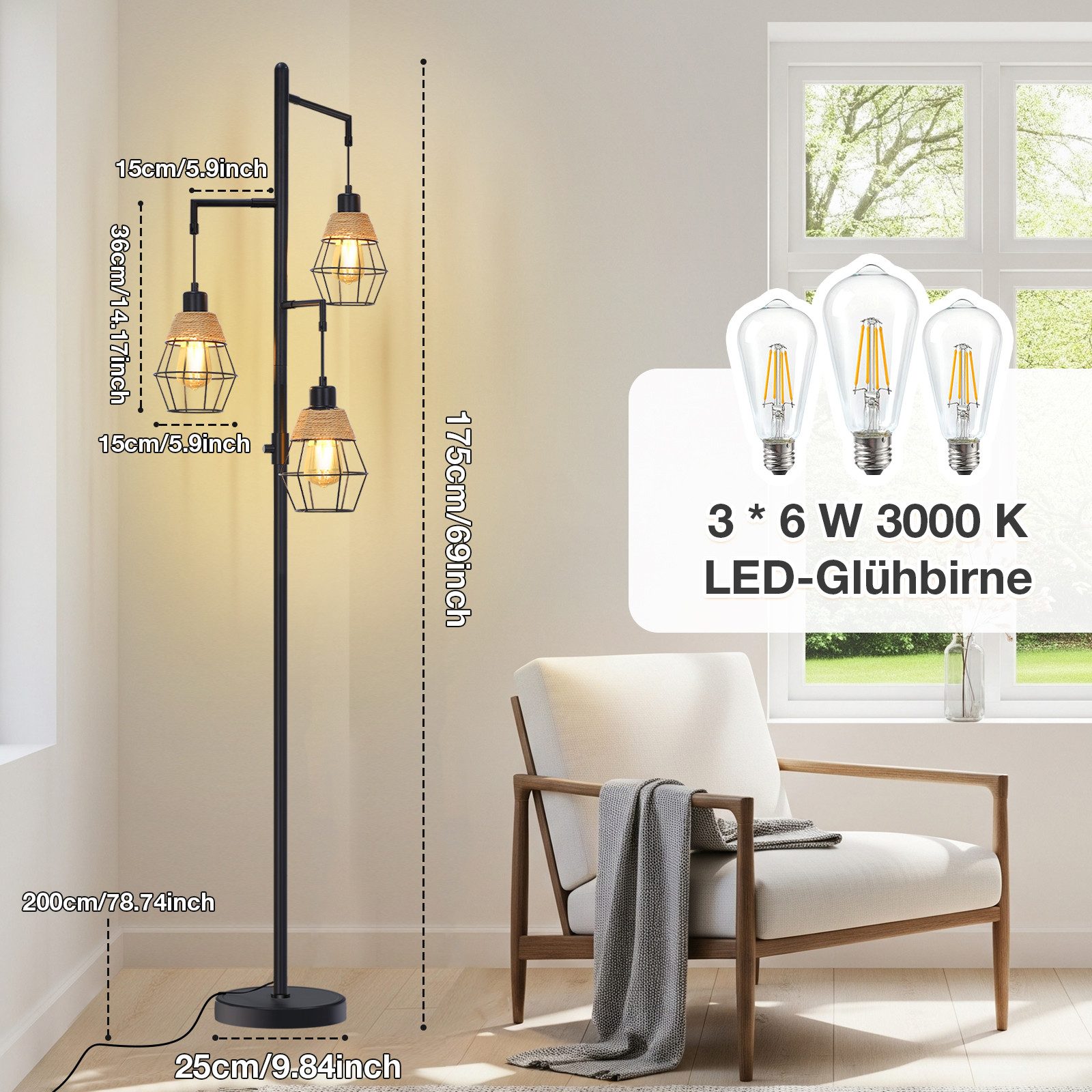 Sunicol Stehlampe 175cm Dimmbar LED Stehlampe mit 3 Glühbirnen für Schlafzimmer, LED wechselbar, Warmweiß, Metall Vintage Stehlampen für Wohnzimmer, Esszimmer
