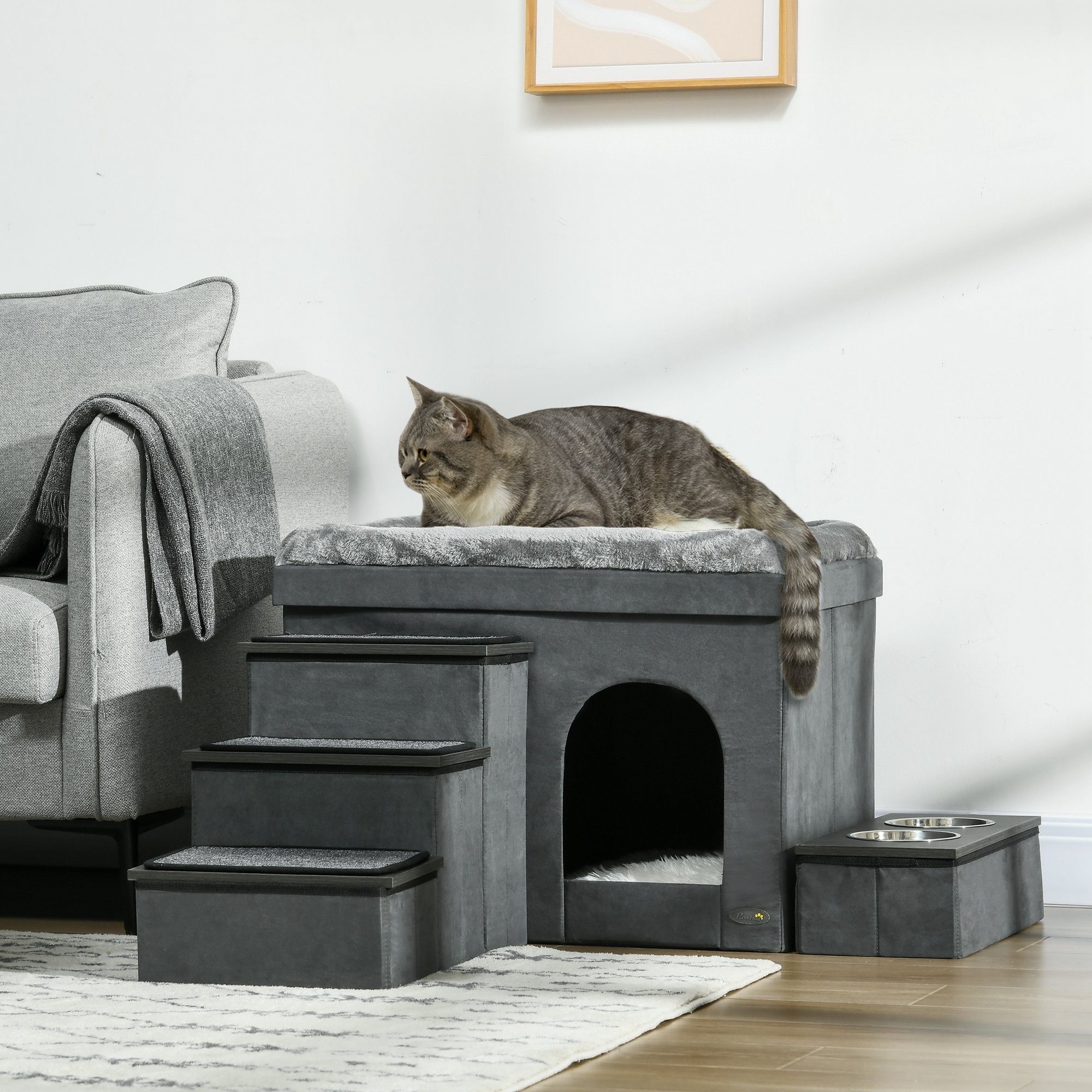 PawHut Tierbett Katzenhöhle Katzenhütte mit Treppe, Katzenhaus mit 2 Edelst günstig online kaufen