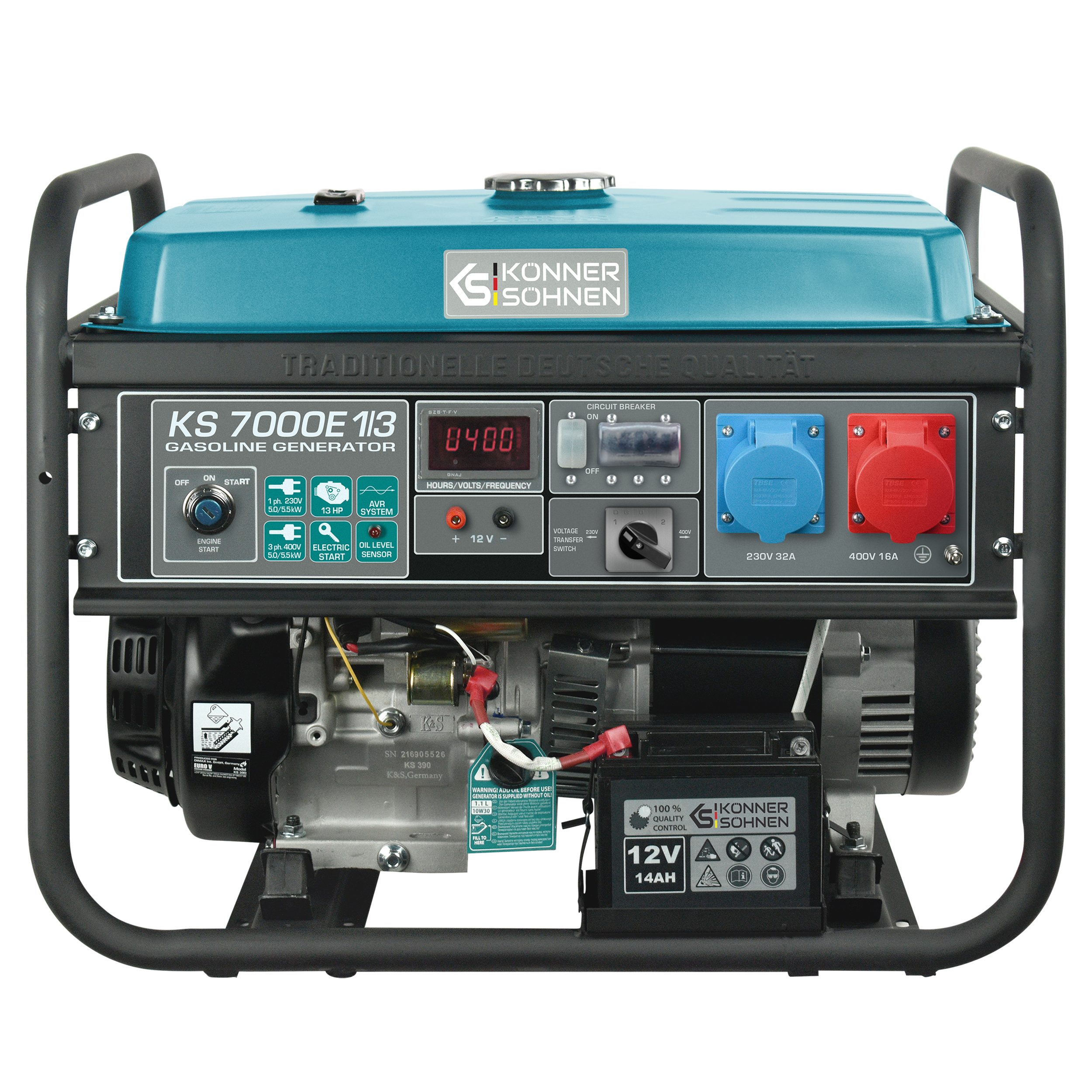 Könner & Söhnen Stromerzeuger KS 7000E-1/3, 5,50 in kW, (VTS-Generator 230V/400V mit E-Start (5.5 kW Max), 1-tlg., Volle 5.5kW Leistung auf 1 & 3 Phasen, 25L Tank, 17 Std. Laufzeit), VTS-System, 100% Kupfer, AVR, CEE 32A/16A Steckdosen