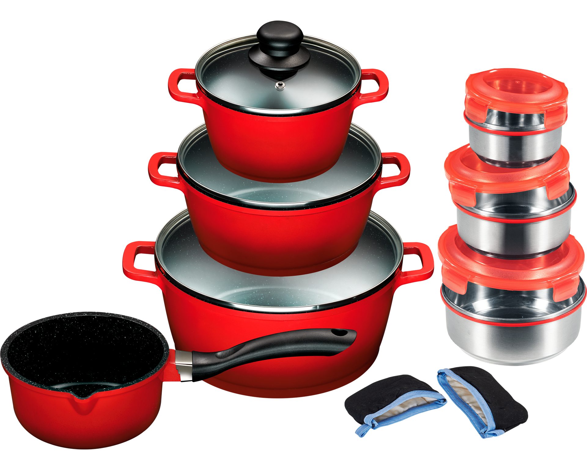 KING Topf-Set ALUGUSS, Aluminiumguss (Set, 15-tlg., je 1 Kochtopf 16/20/24 cm, 1 Stieltopf 16 cm, Schüsselset, Grips), Keramikantihaftbeschichtung, Induktion