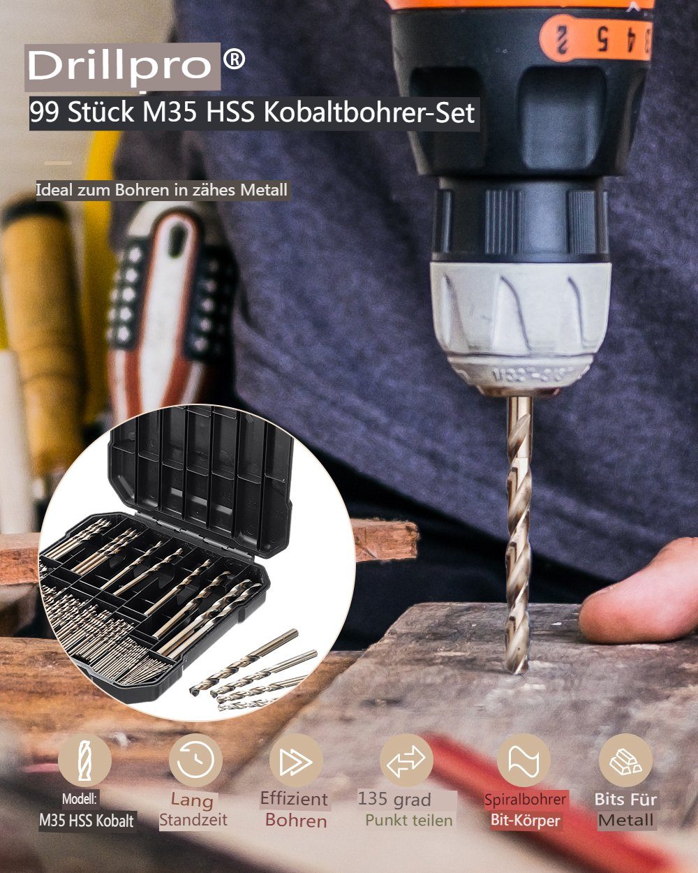 Drillpro Spiralbohrer, (99-tlg), HSS-Co M35 Metallbohrer günstig online kaufen