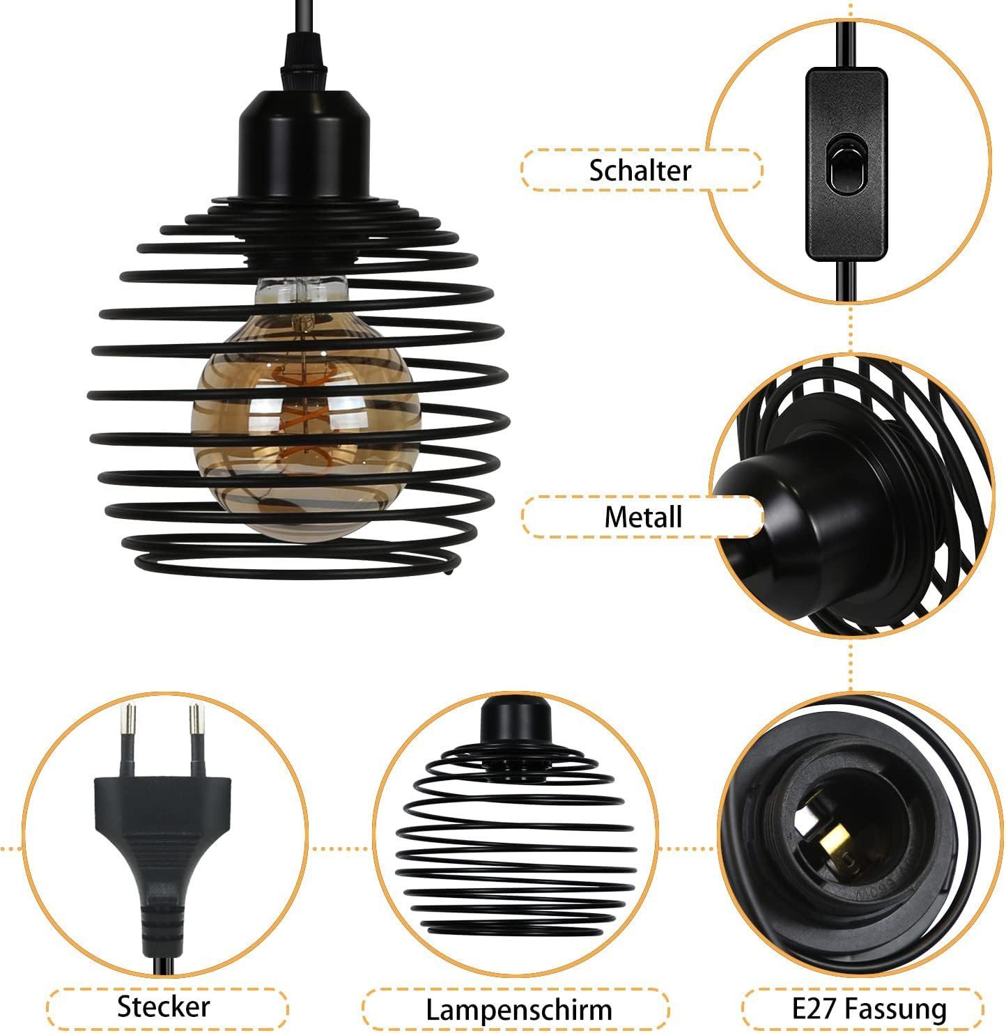 Nettlife Pendelleuchte Vintage Esszimmer Schwarz E27 mit Schalter Industrial Hängelampe, Höhenverstellbar, LED wechselbar, Höhenverstellbar – Bild 4 von 5