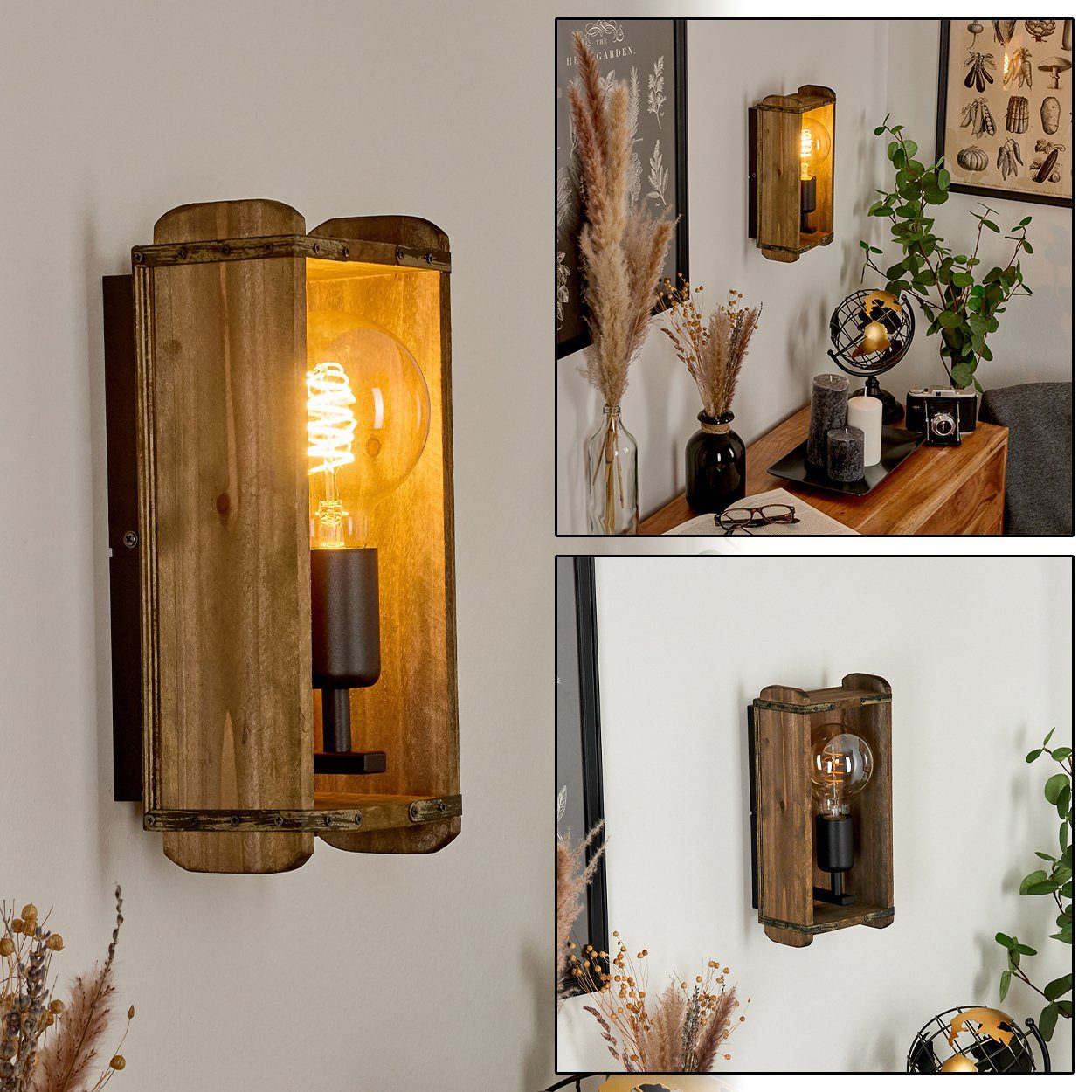 hofstein angesagten Leuchtmittel, 1x »Atid« Wandleuchte E27, aus Design aus in ohne im Schwarz/Natur, Wandlampe Metall/Holz Echtholz Retro Wandspot Vintage