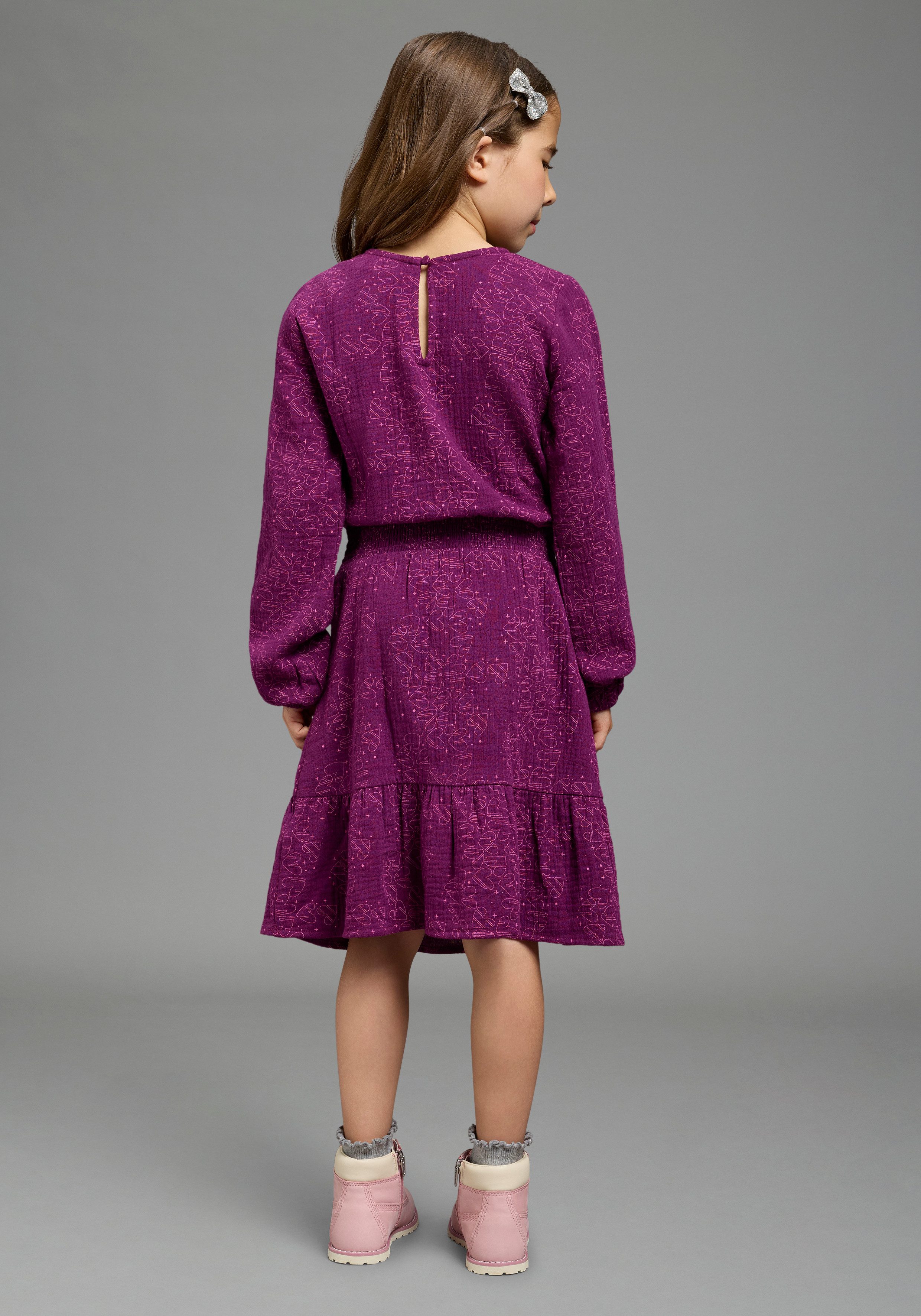 Scout Hemdblusenkleid Musselin Kleid mit allover-Herzenmuster - NEU von SCOUT für Mädchen, knielang, mit Volant am Saum, mit gesmokter Taille