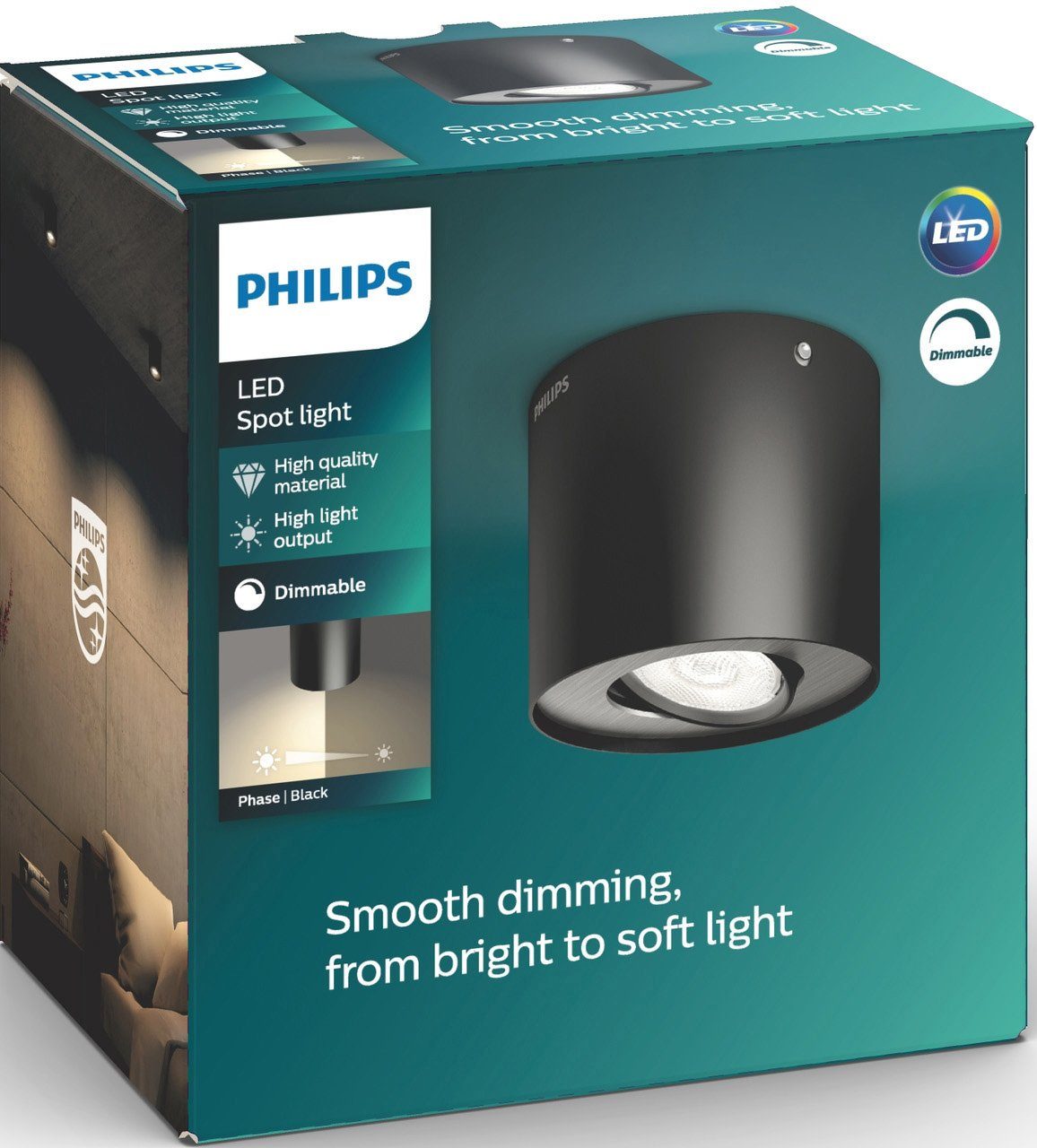 integriert, Phase, Warmweiß, Deckenspot 500lm LED fest 1flg. LED Schwarz Spot myLiving Philips