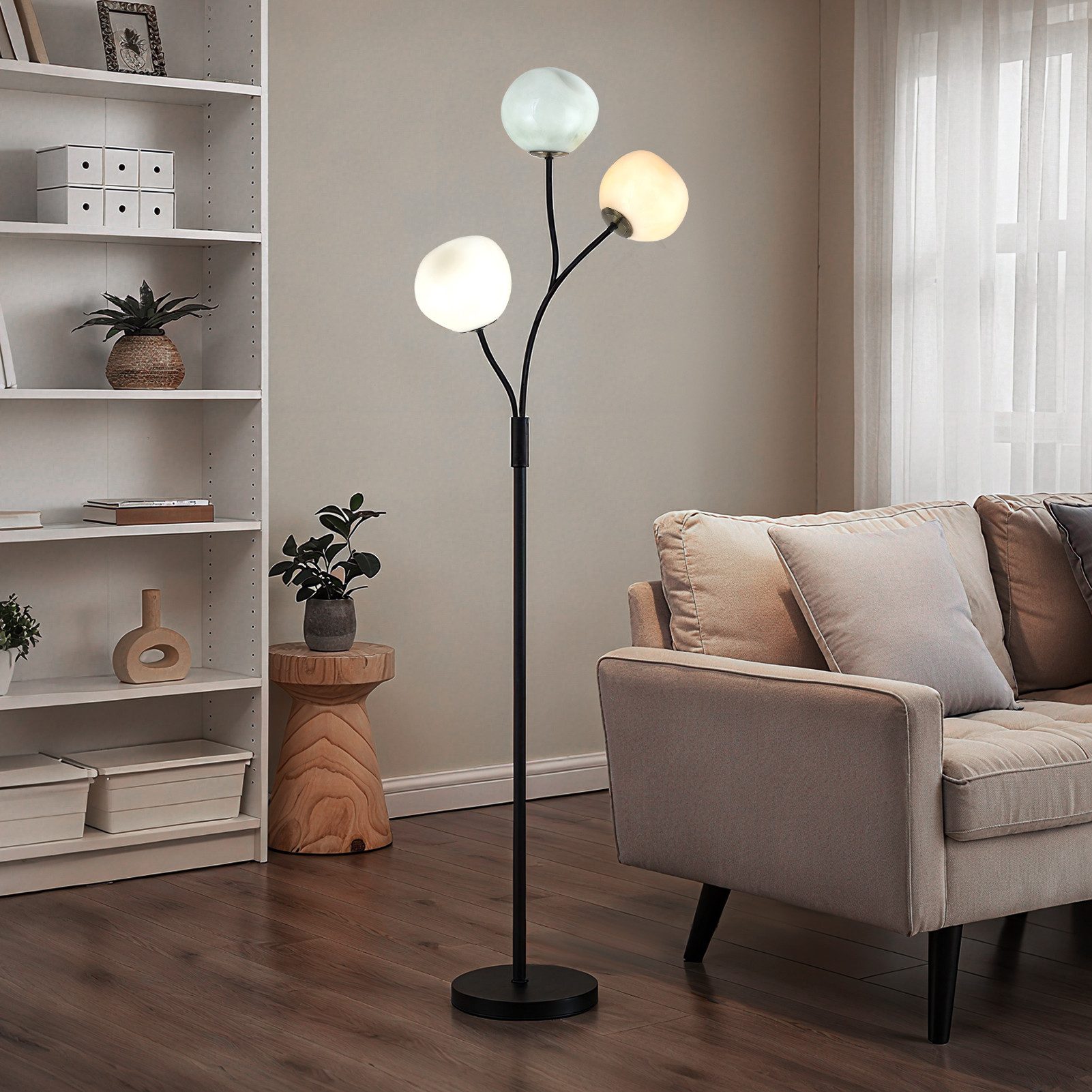 STANBOW Stehlampe Stehleuchte mit Glas-Schirm und Metallfuß, LED wechselbar, mit Fußschalter, G9, für Wohnzimmer & Essbereich, Industrie-Design