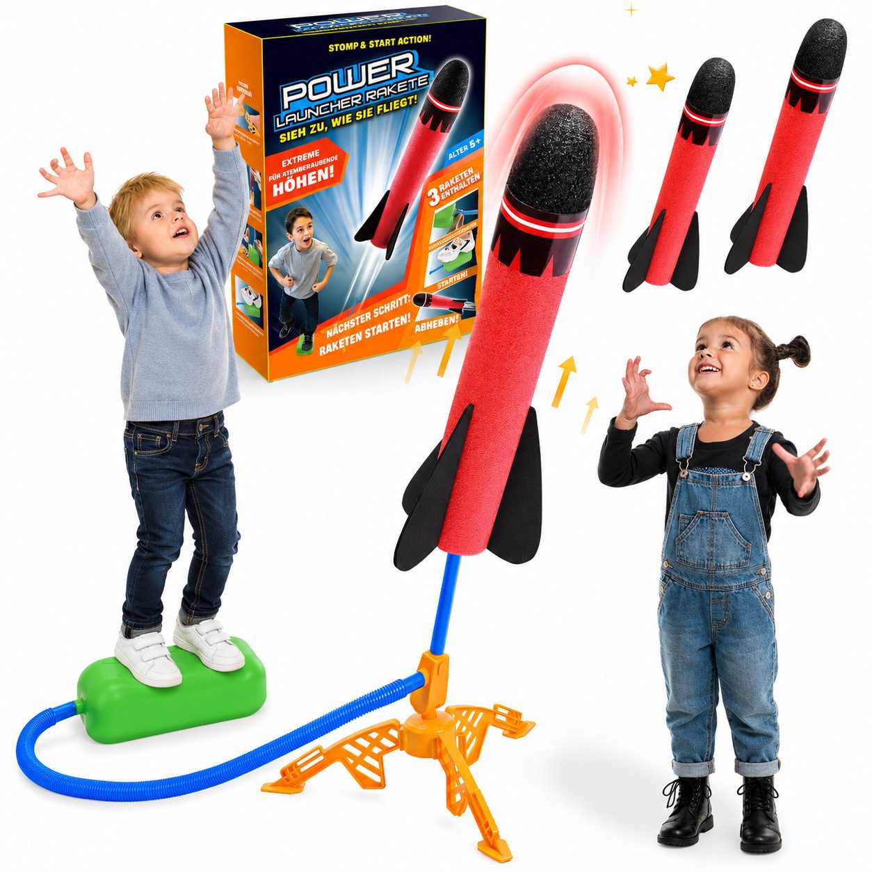 Wootoy Spielzeug-Gartenset Spielzeug-Flugrakete Kinder Schaumstoff Raketenwerfer Launcher, (Flughöhe bis ca. 30 m, 6-tlg., Werkzeuglose Montage leicht zerlegbar und bequem zu transportieren), Ideal für aktive Outdoor-Spiele im Garten Park Wiese