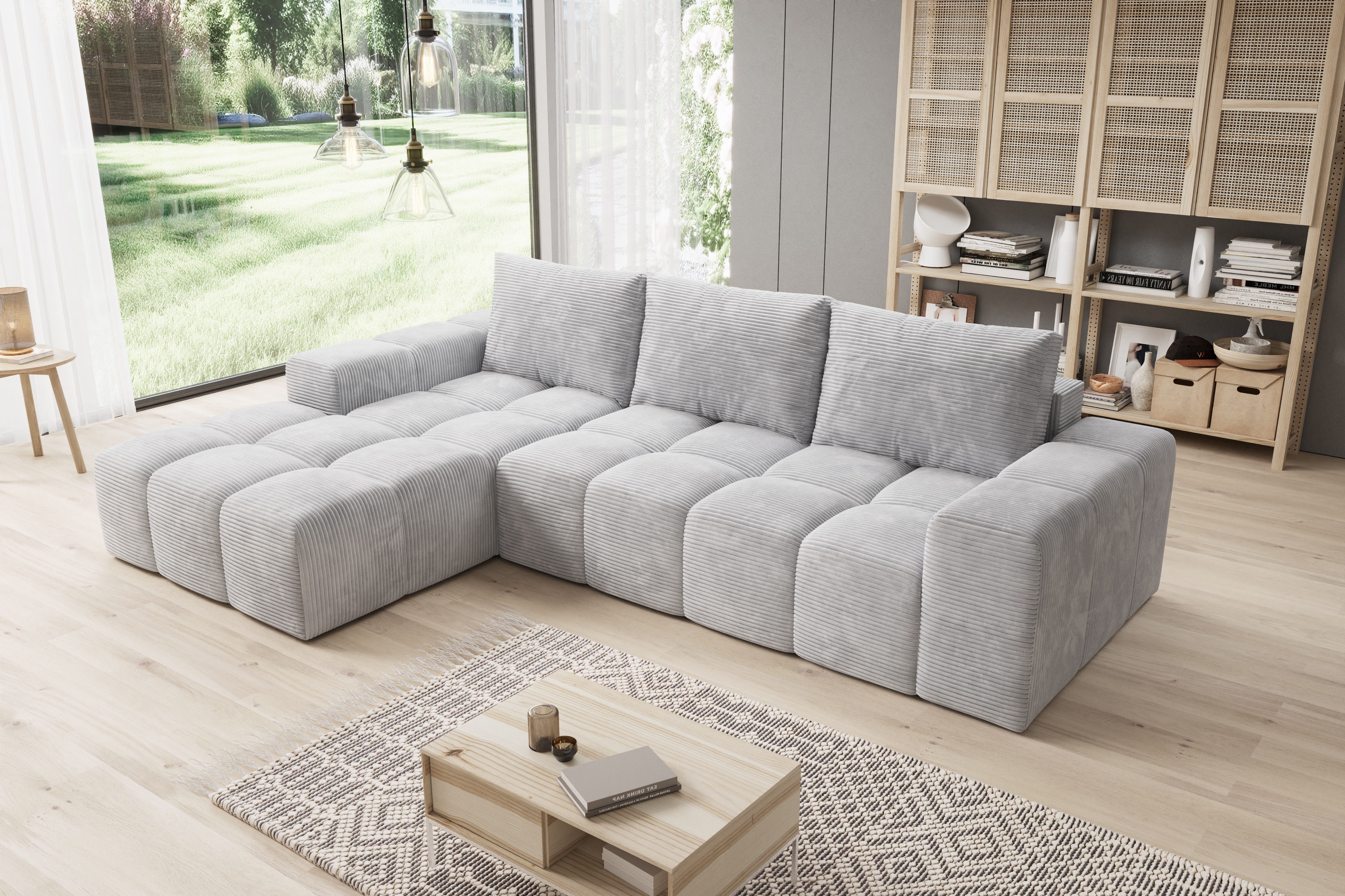 PROMETO Möbel Ecksofa Cento Couch L-Form,Sofa Links/Rechts Teddy-Bouclé, Web oder Cord-Stoff