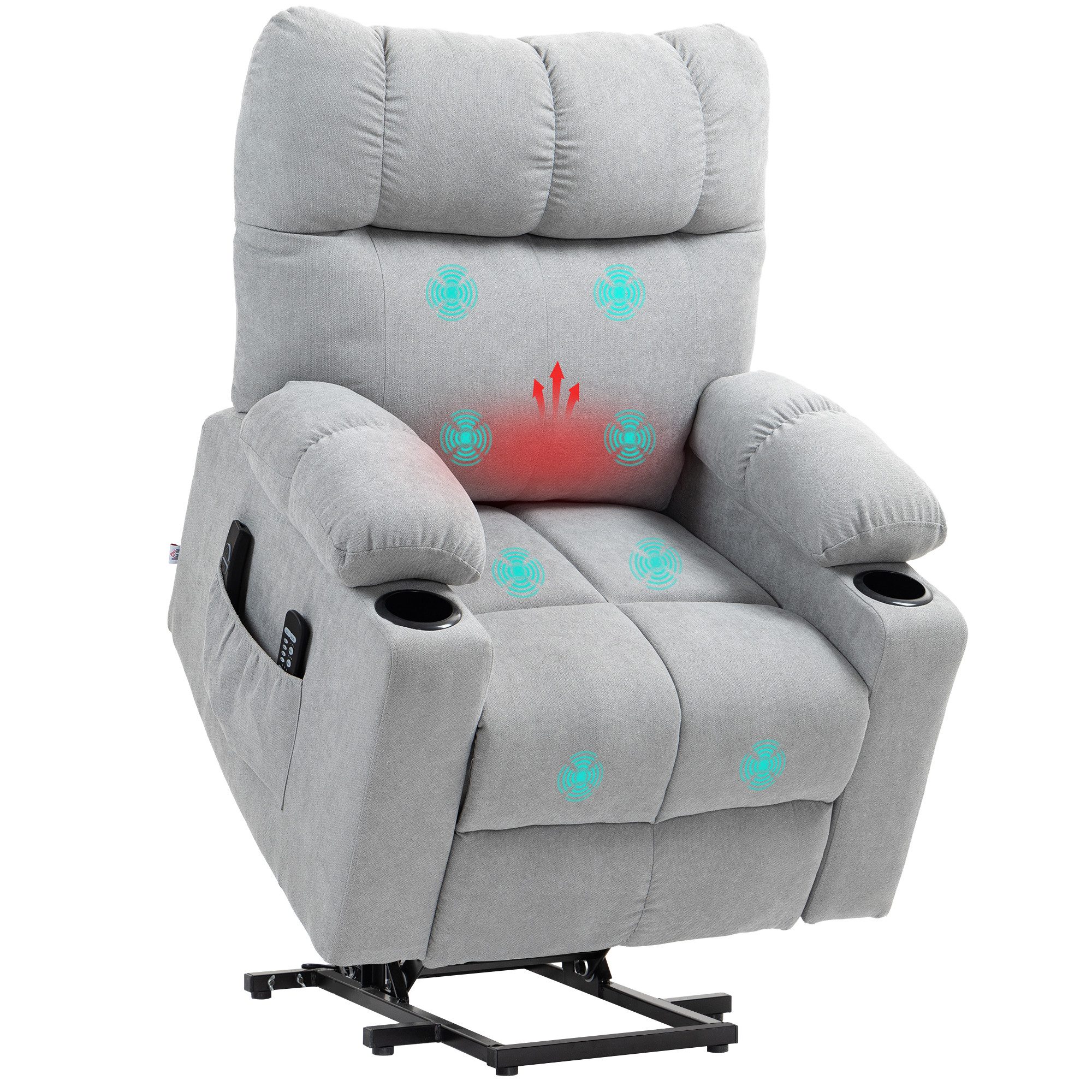 HOMCOM Massagesessel Aufstehhilfe mit Wärmefunktion, Becherhalter, Fußteil (Relaxsessel, 1-St., Fernsehsessel), für Wohnzimmer, Arbeitszimmer, Grau