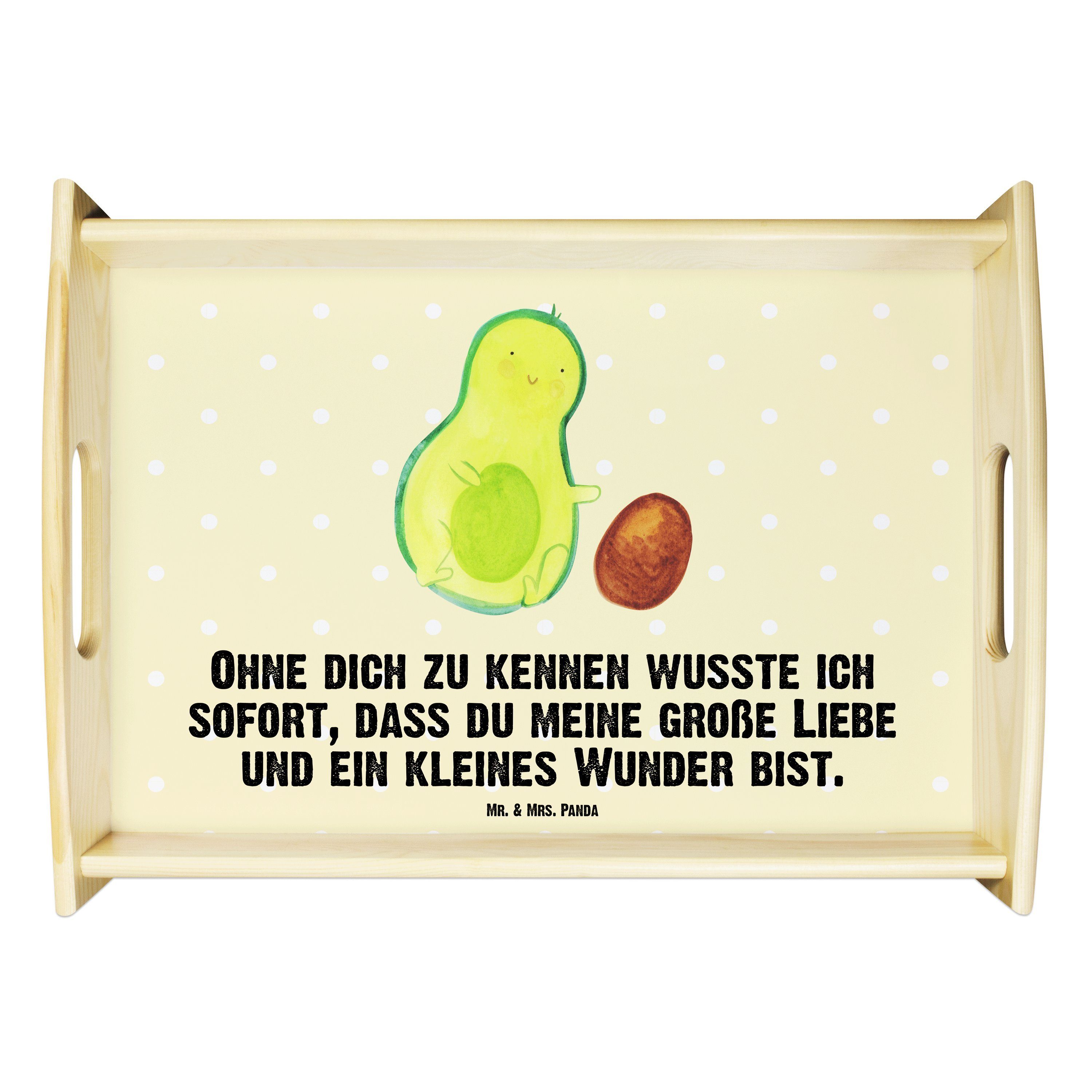 Mr. & Mrs. Panda Tablett Avocado rollt Kern - Gelb Pastell - Geschenk, Frühstückstablett, glüc, Echtholz lasiert, (1-tlg)