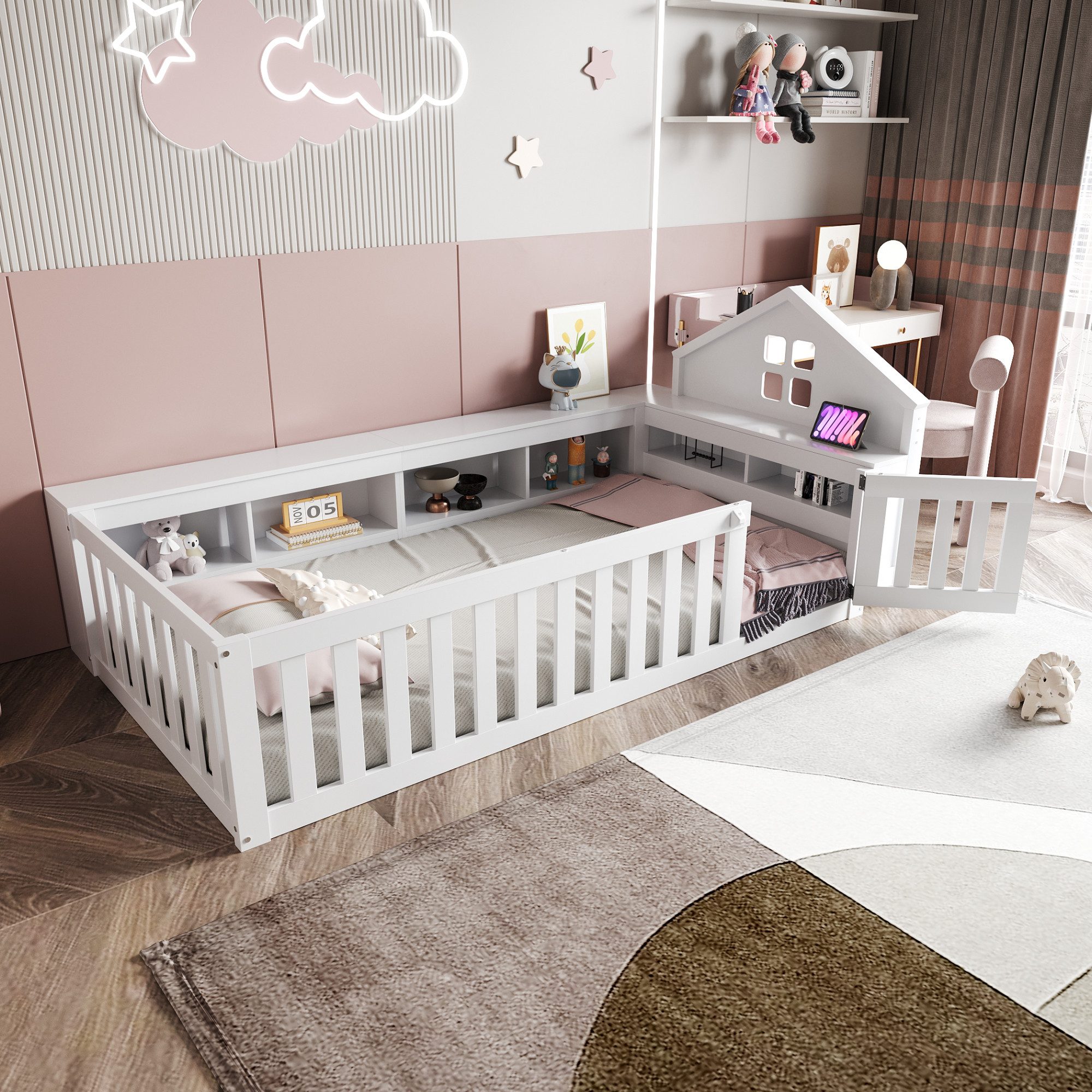 Kinderbett 90x200 mit Stauraum,Bettgetstell mit Lattenrost und Sicherheitsgitter