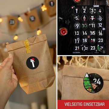 TOBJA Adventskalender Weihnachtskalender Advent 24 Zahlen Sticker (Set), Kraftpapiertüten mit Aufklebern Schwarz-Bunt