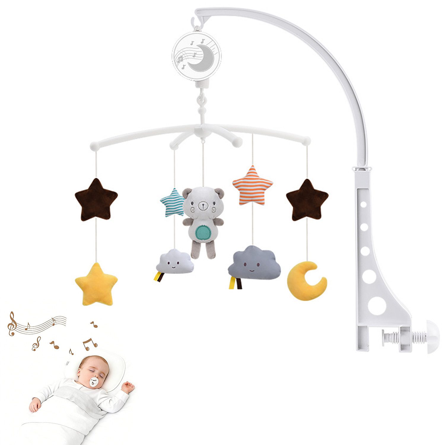 STANBOW Kuscheltier-Rassel Mobile Baby Musikalisches Baby-Mobile fürs Kinderbett Musik-Spielzeug, Kinderwagen, Babybett Zubehör Spielzeug Baby Windspiel Babymöbel-Set