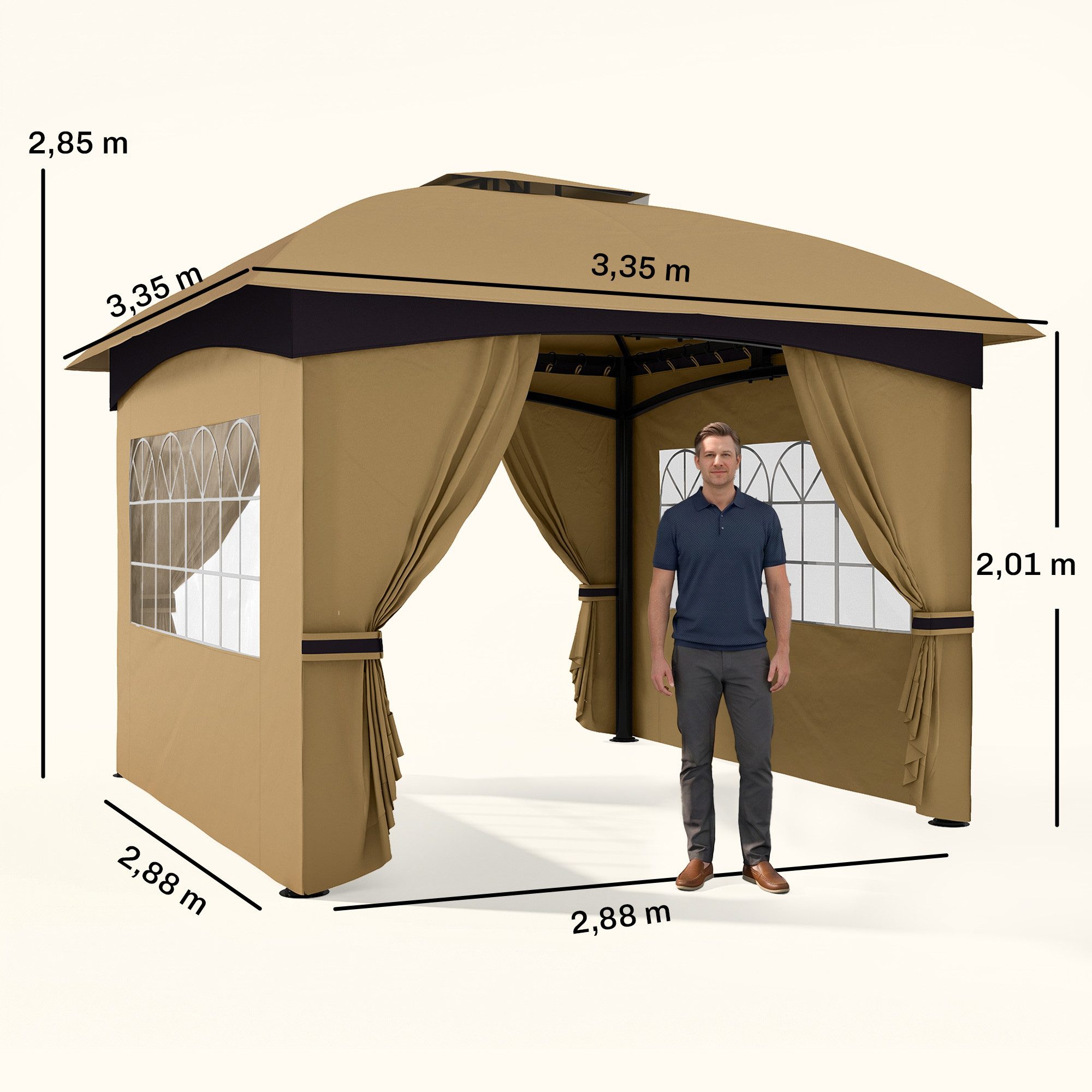 Outsunny Pavillon wasserabweisend Gartenpavillon mit 4 Seitenteilen, Doppeldach, mit 4 Seitenteilen, (Partyzelt mit UV-Schutz, Gartenzelt), mit verzinktem Metallrahmen, für Garten Beige