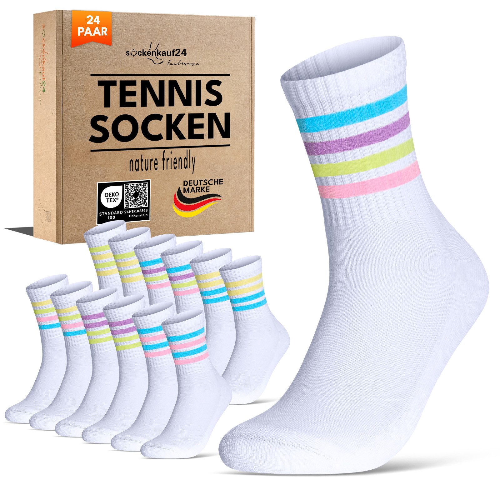 sockenkauf24 Tennissocken Damen Спортивные носки Premium Retro Crew Носки (24-Paar, 6 Paar) verstärkte Ferse & Fußspitze, gepolsterte Sohle, gekämmte Baumwolle