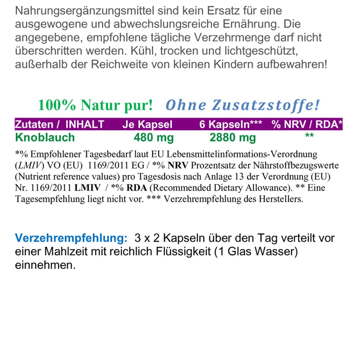 VitalLife Knoblauch Natur Pur NICHT hochdosiert KEIN Extrakt OHNE Zusatzstoffe Kapseln, 1 er Dose à 120 St., 68,4 g, Art. 26385