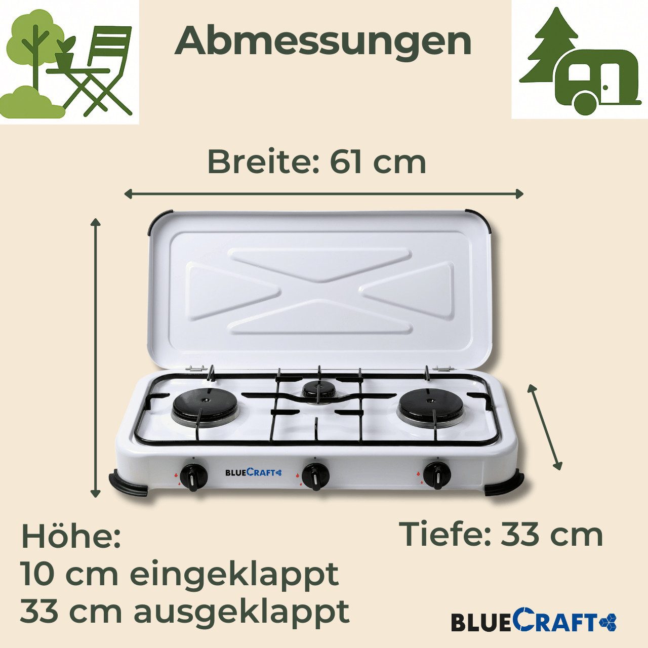 BlueCraft Gaskocher 3 flammig 50mbar Propan Gas Campingkocher 5,25 kW Gas-Kochfeld Gasherd, Camping Gas Kocher 3 flammen für Gasflasche