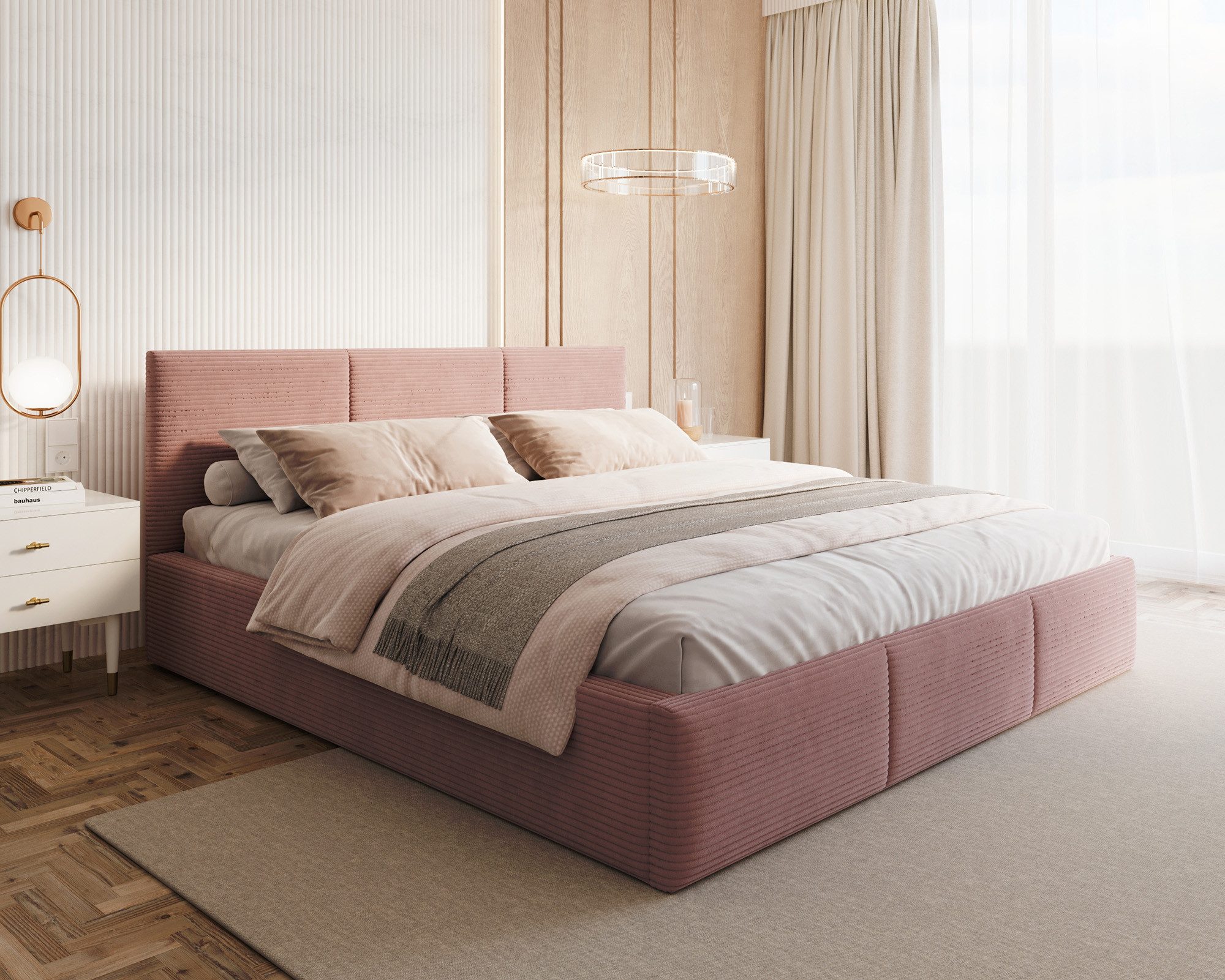thematys Polsterbett mit Bettkasten & Lattenrost – Stauraumbett Cord 120x200–180x200 (Optional mit 28 cm H3/H4 Taschenfederkern oder 23 cm Taschenfederkern-Matratze H2)