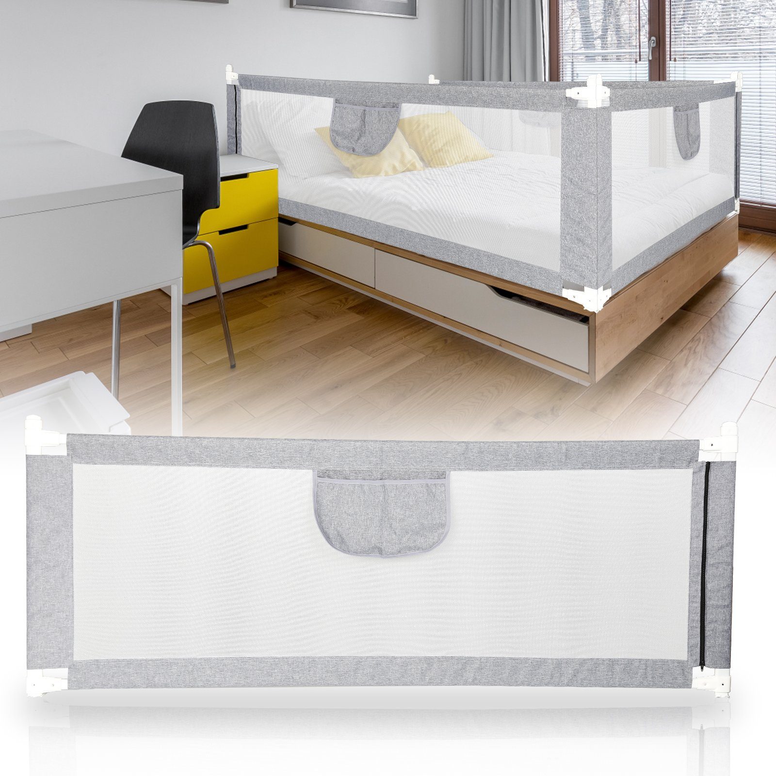 aus Rausfallschutz Kantenschutz 150-200cm Metall Babybett Bettgitter Grau (Kinder Kinderbettschutzgitter), für Boxspring Bettschutzgitter Gimisgu Bettrailing