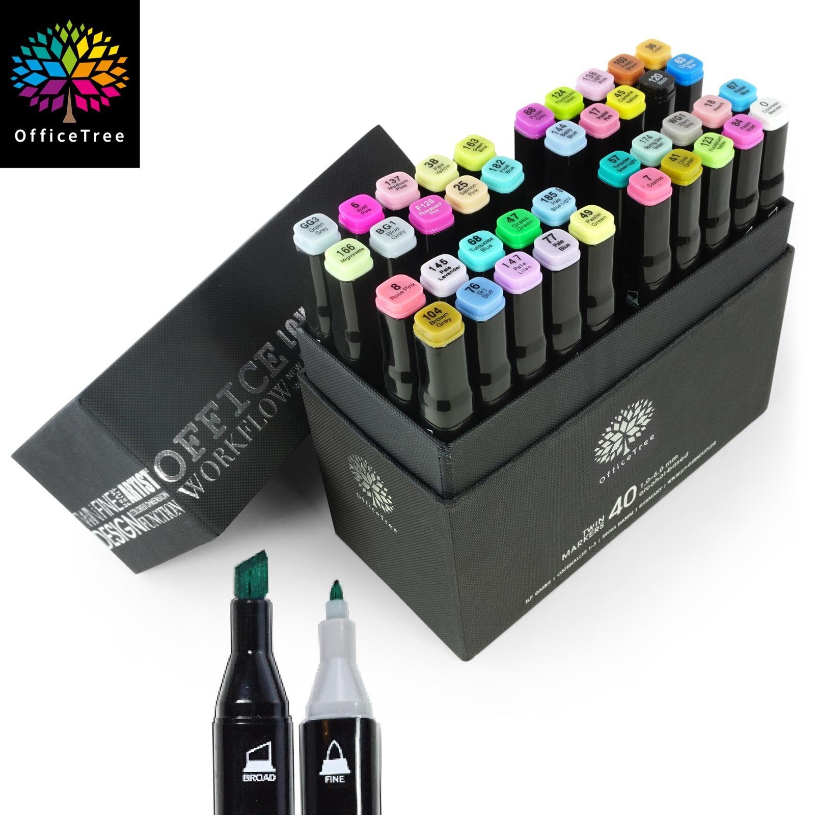 OfficeTree Marker 40er Set Twin Marker Stifte Weiche Farben, (40er Set Twin Marker), Twin Marker Duo-Fasermaler zum Skizzieren Layouten Illustrieren Zeichnen Malen