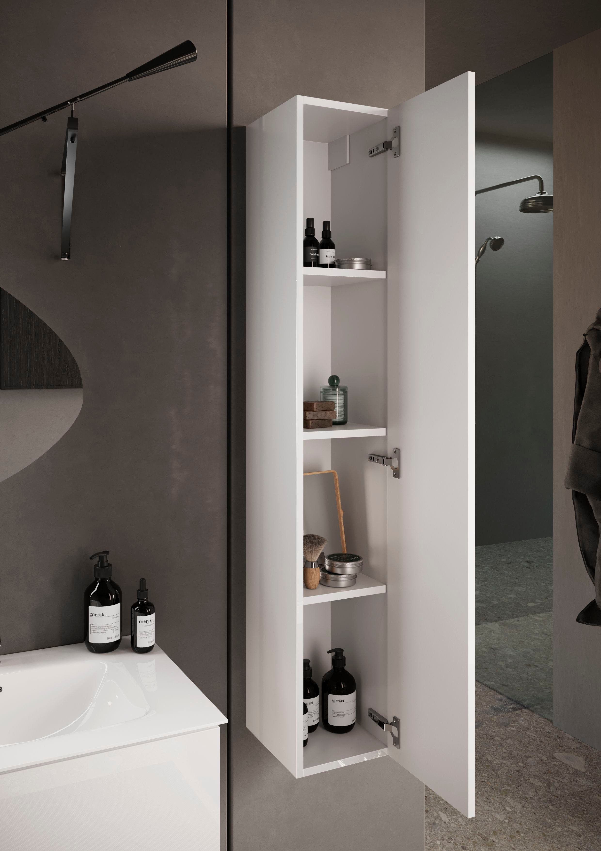 welltime Hängeschrank Start, 1 Tür, Höhe 138 cm, Breite 26 cm, Bad, Flur in Weiß Hochglanz Lack