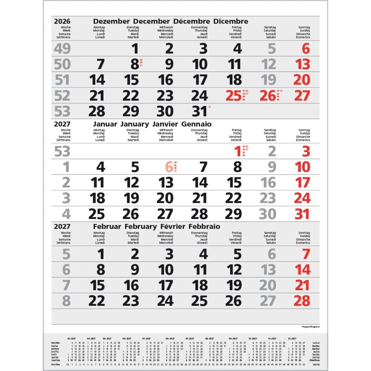 Wandkalender 3-Monats-Planer Comfort Grau 2027