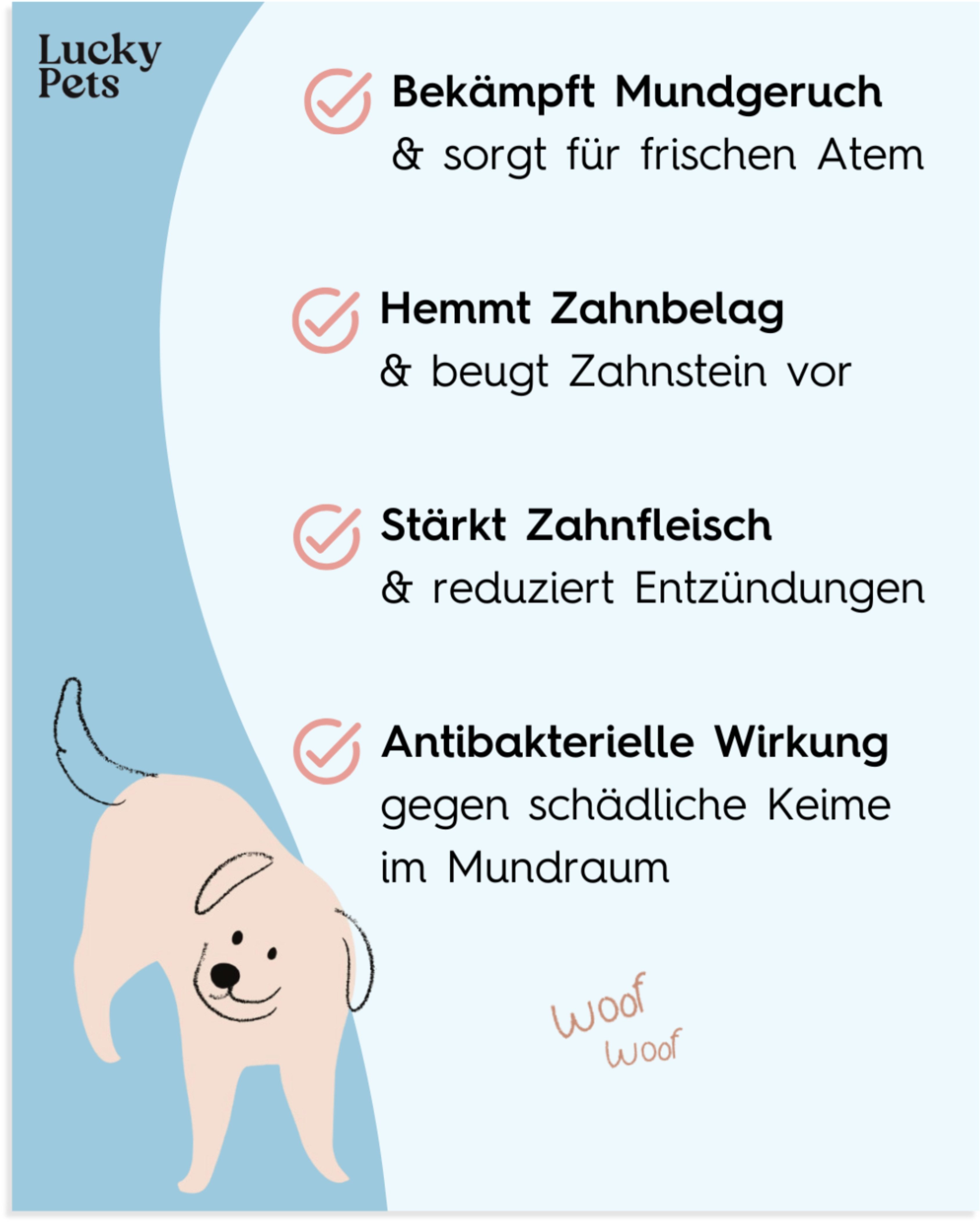 Lucky Pets Zahnpflege Pulver für Hunde - gegen Mundgeruch & Zahnstein, Nahrungsergänzungsmittel für: Hunde