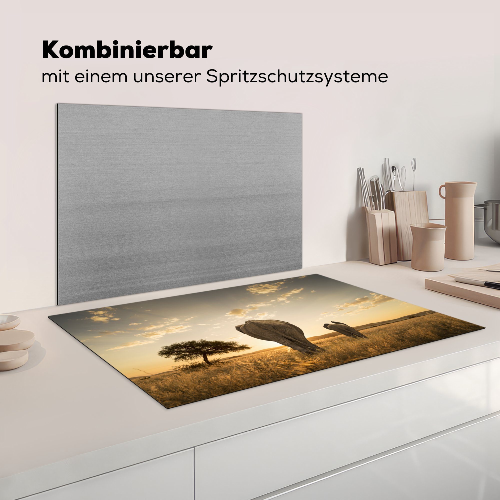 MuchoWow Herdblende-/Abdeckplatte Savanne und Vinyl, für Arbeitsplatte küche cm, Kälber, (1 tlg), Ceranfeldabdeckung, Elefanten für 83x51