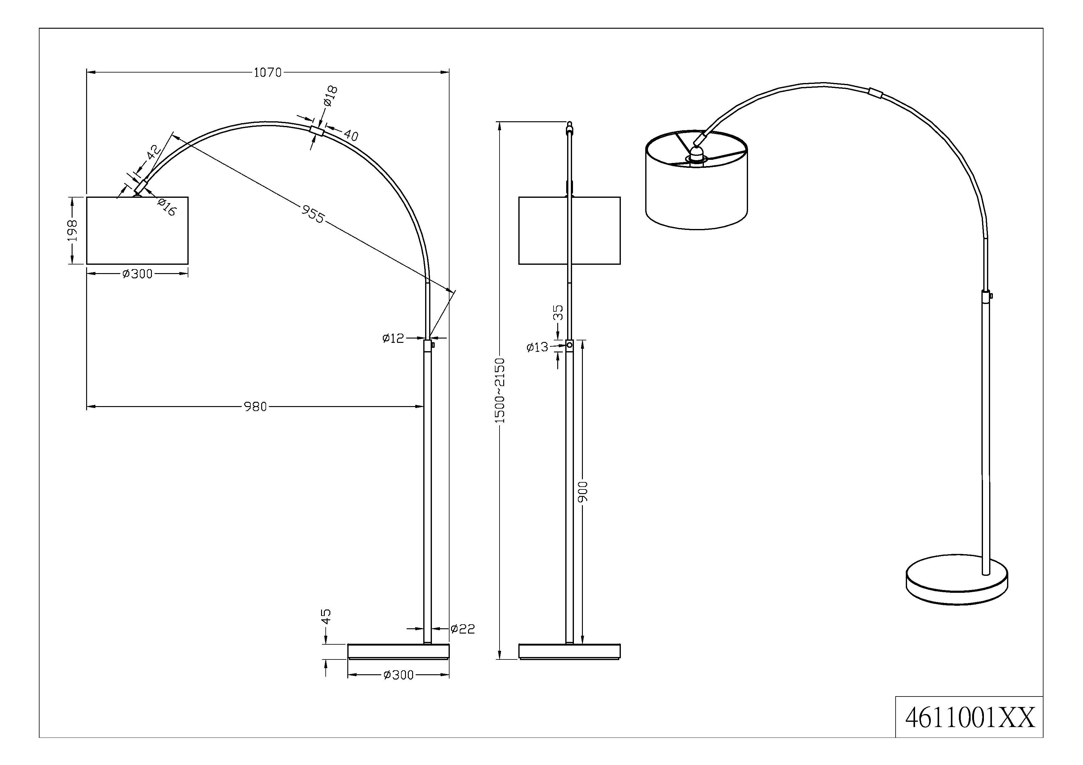 TRIO Leuchten Bogenlampe Hotel, ohne Leuchtmittel, Fussschalter,Höhenverstellbar,Leuchtmittel tauschbar