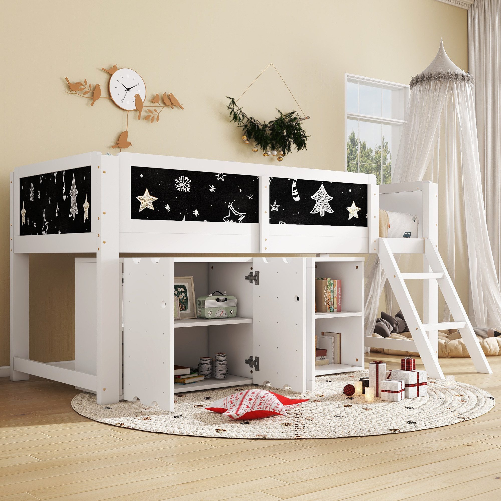 SOFTWEARY Hochbett mit Lattenrost, Leiter und Schrank (90x200 cm) Kinderbett mit Rausfallschutz, Holzbett, Einzelbett