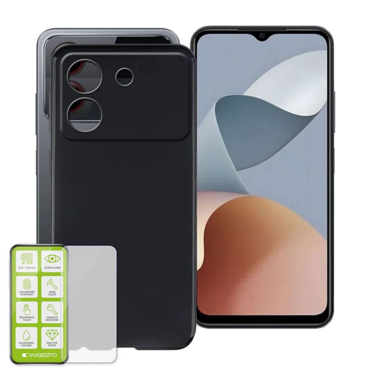 Wigento Handyhülle Für ZTE Blade A54 Silikon TPU Hülle Tasche dünn Schwarz + H9 Hart Glas