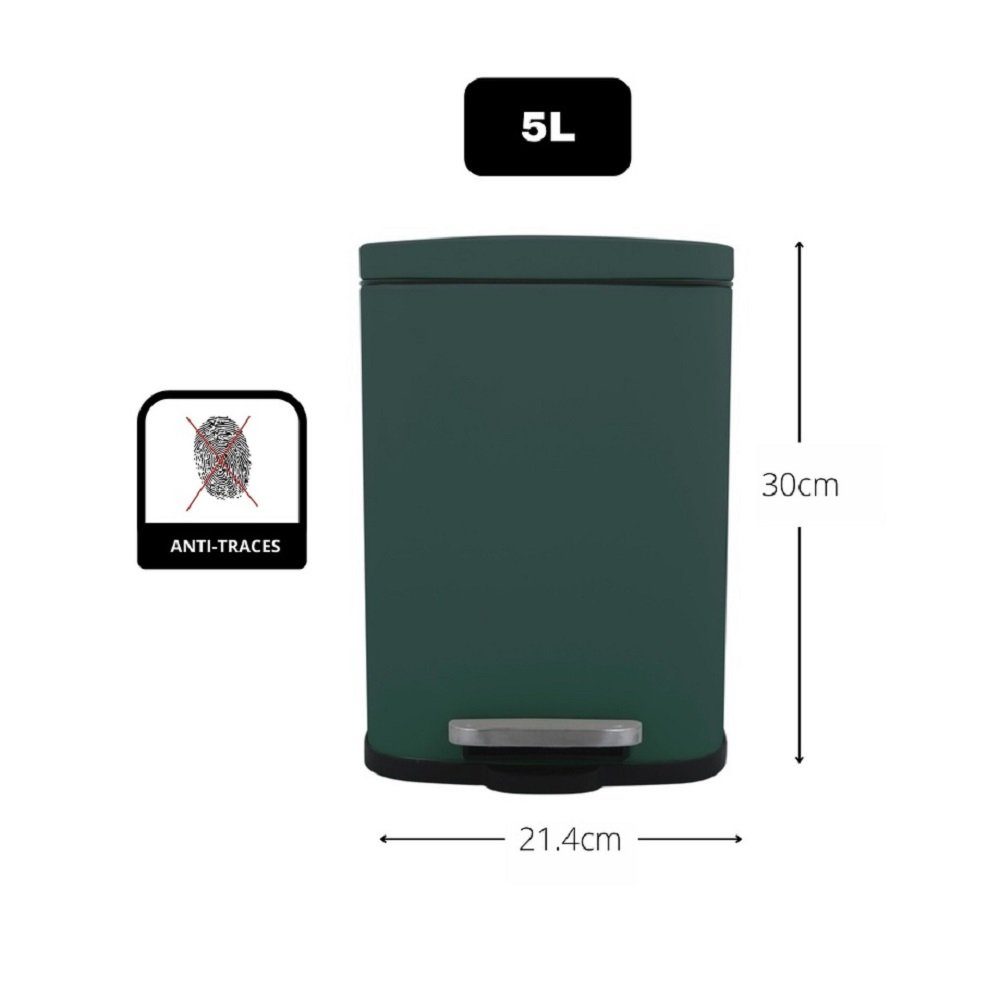 spirella Kosmetikeimer AKIRA, Treteimer mit Softclose-Absenkautomatik, herausnehmbarem Inneneimer, Anti-Fingerprint-Beschichtung, 5L, dunkelgrün