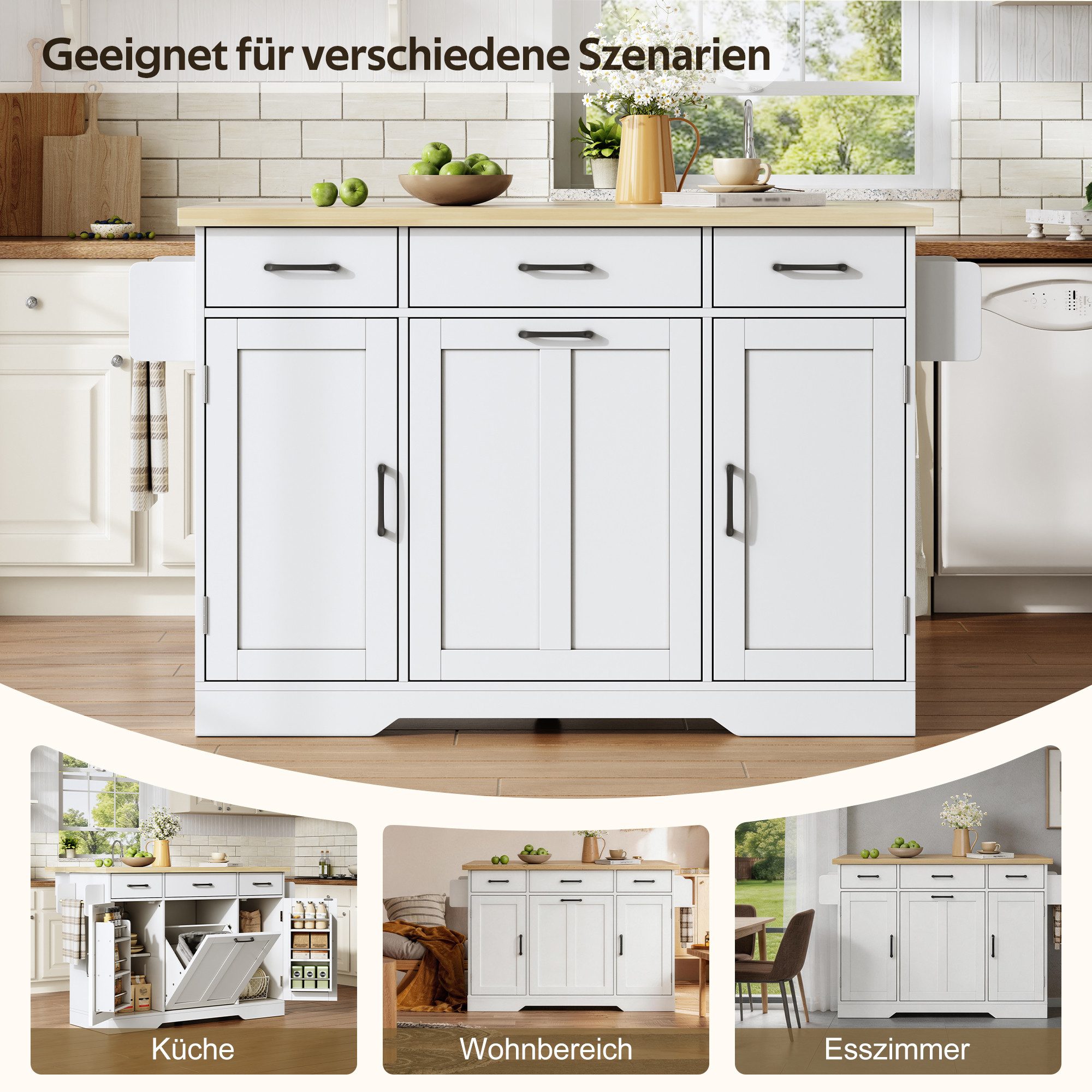FANNOU Kücheninsel mit klappbarer Arbeitsplatte, Küchenwagen, Mülleimerschrank, 120×45/70×87cm, Buffetschrank mit Gewürzregal, Schublade und Rollen