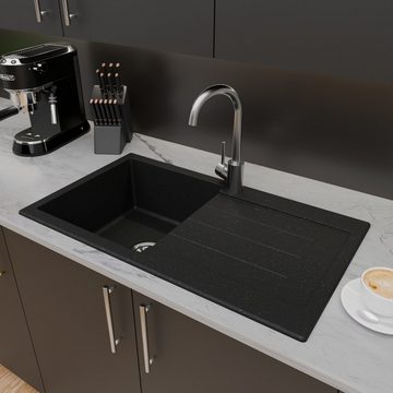 QLS Küchenspüle Master 1.0 Rechts, Granit-Spülbecken, Einbauspüle Einzelbecken mit Abtropffläche 77x44cm