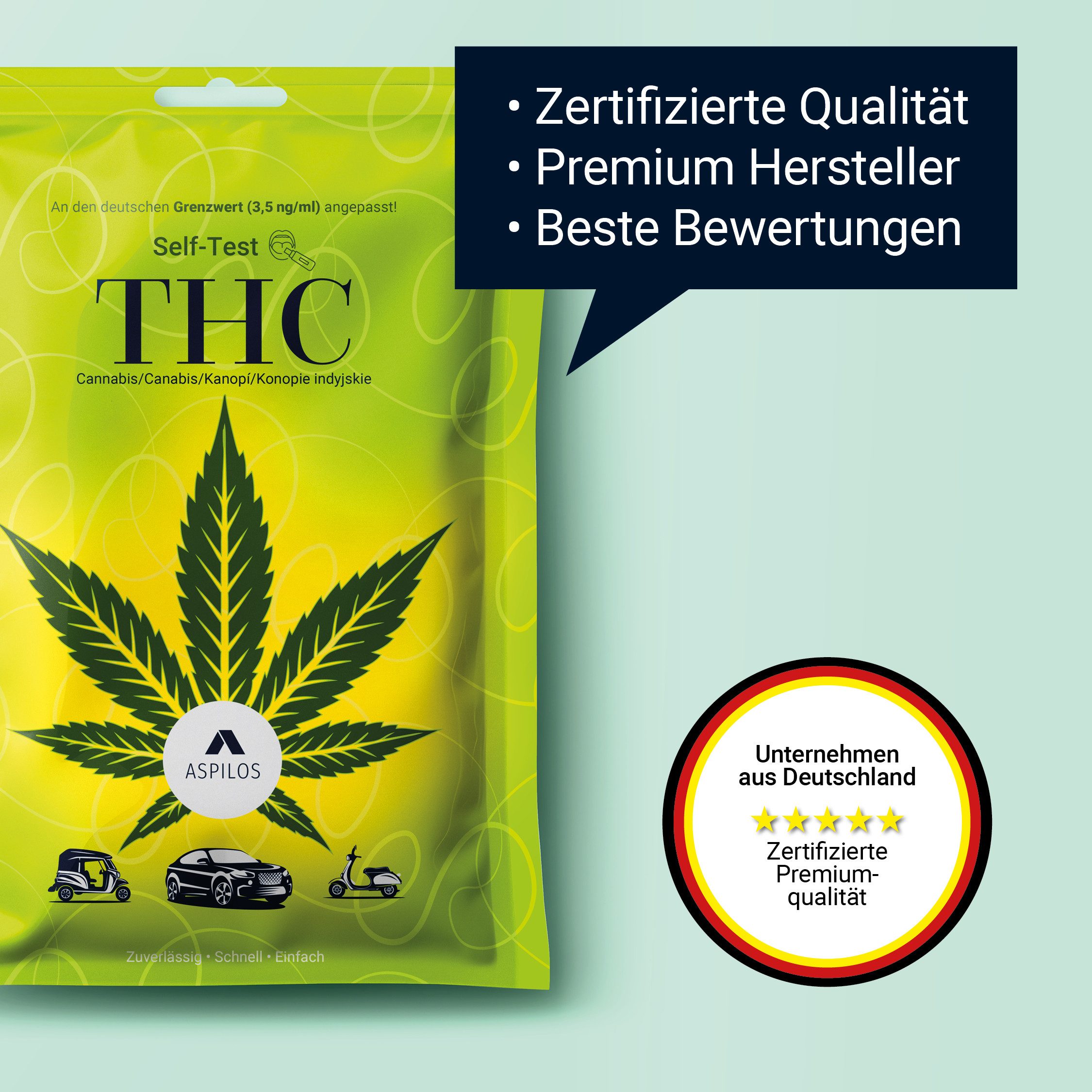 ASPILOS Drogen-Schnelltest THC Selbsttest für Zuhause in 5 Minuten - Cannabis Speicheltest, 1-tlg., selbst durchführbar im Mundraum, THC-Spiegel, Schnelltest, ohne medizinischen Vorkenntnisse