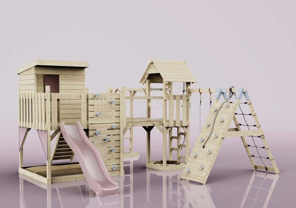 OutdoorToys Spielturm Tessa, aus Holz in Altrosa mit Kinderschaukel & Rutsche, Kletterwand