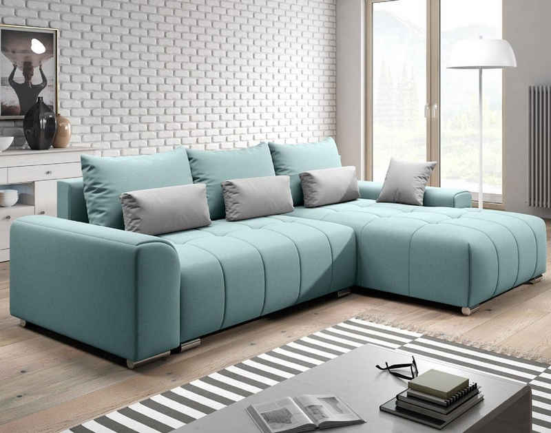 Furnix Ecksofa LORETA Sofa Schlafsofa Eck-Couch mit Schlaffunktion, Bettkasten, Liegefläche 145x205 cm, Made in EU