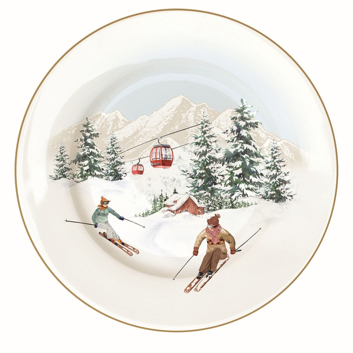 EasyLife Kuchenteller Chalet, Handwäsche Empfohlen, Weiß, Motiv: Wintersport, Skifahren, Schnee