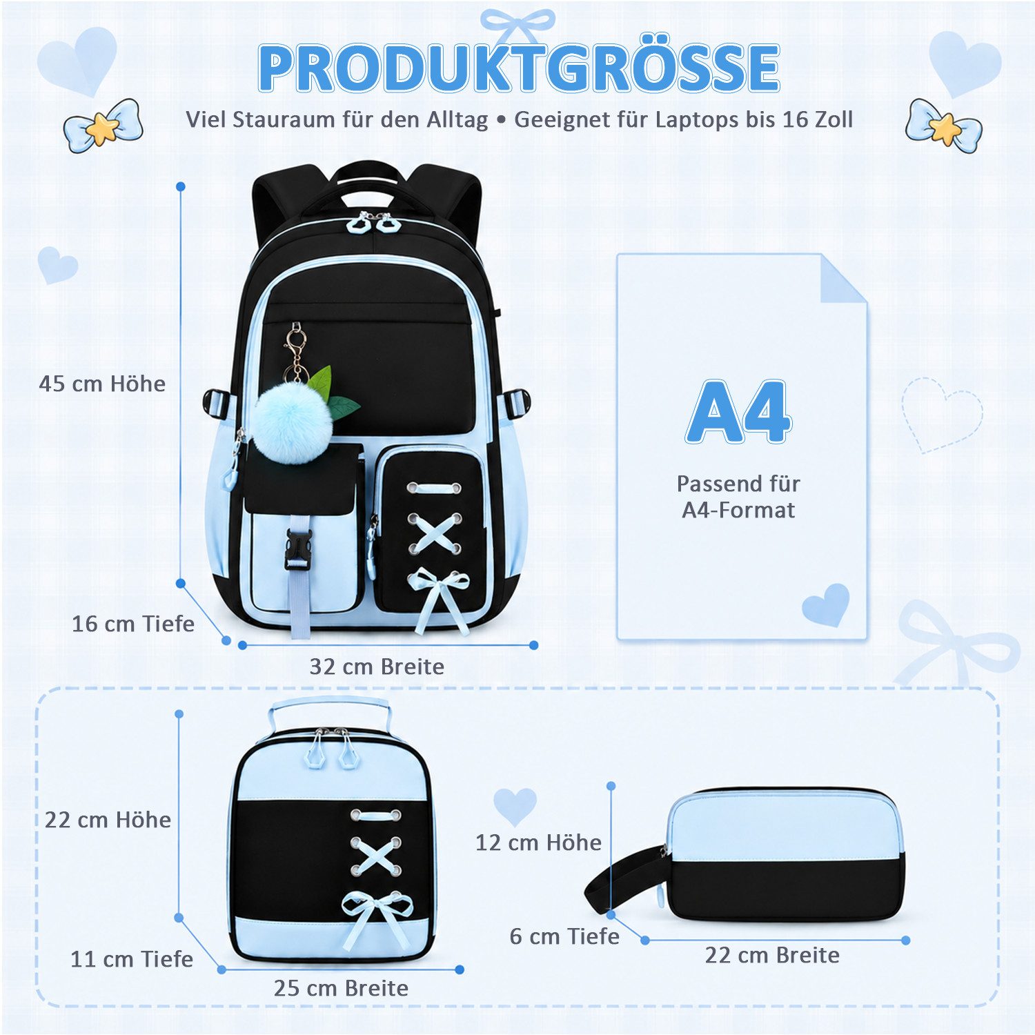 MOPUEA Schulrucksack Schulrucksack Set 3tlg Schulrucksack mit Lunchpaket und Mäppchen (Set, 3-tlg., Leicht Schulrucksack Teenager für Schule, Reisen und Freizei – Bild 2 von 5