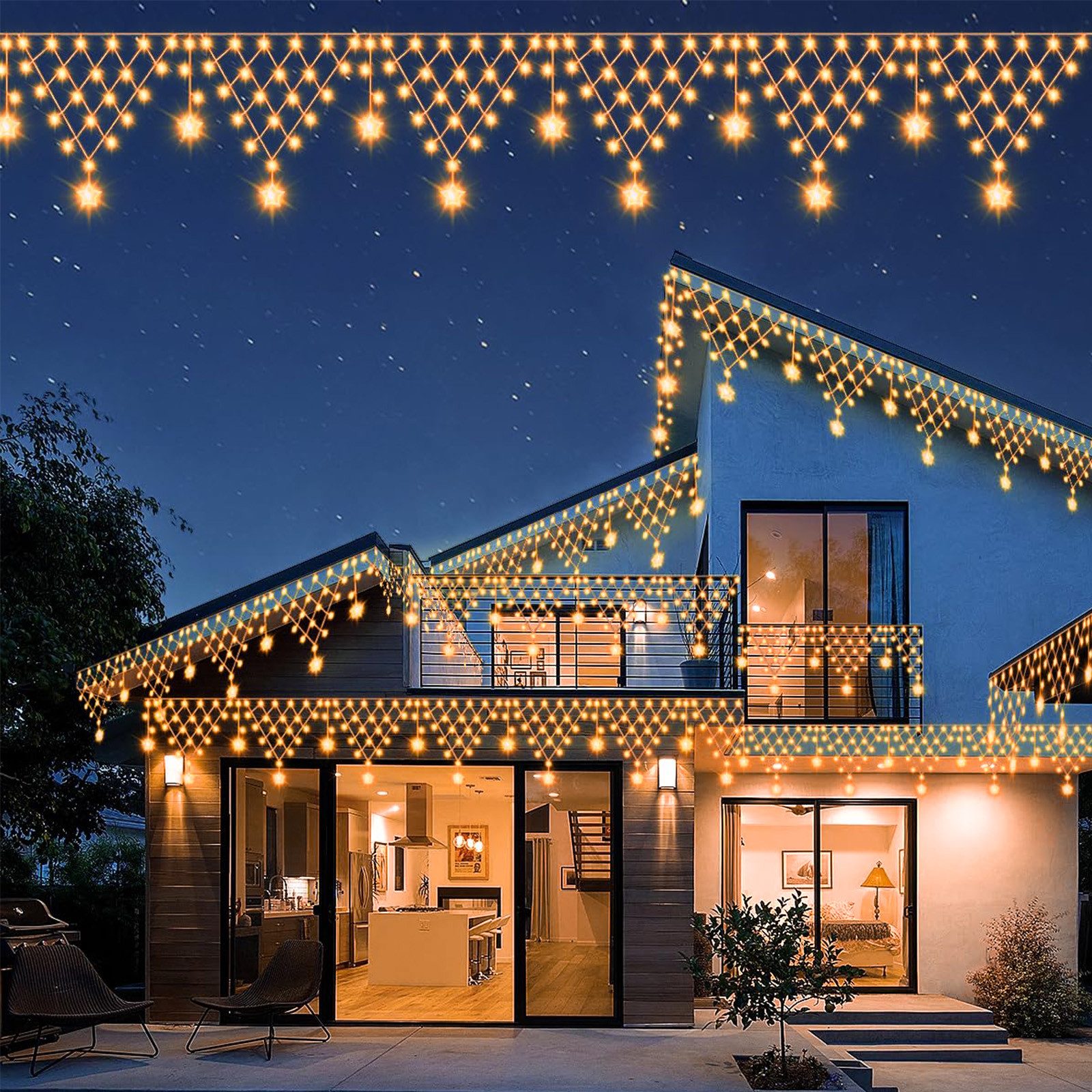 Rosnek LED-Lichtervorhang LED Lichterkette Sterne Weihnachten,LED Lichtervorhang Beleuchtung, Gartenbeleuchtung,für Party Garten Balkon Hochzeit Weihnachten – Bild 4 von 5