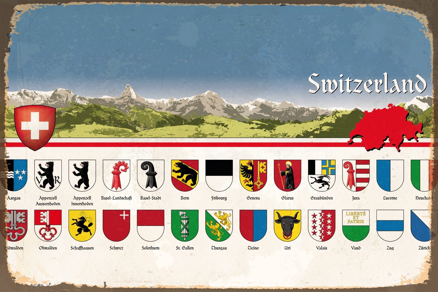 queence Metallbild Kanton, Berge & Alpenbilder, Schweiz, Schweiz, Stahlschild, Blechschild