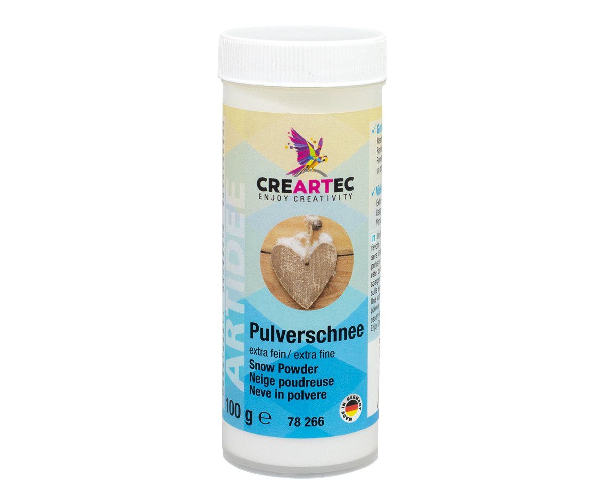 CREARTEC Streudeko Glitzerdekoration - Pulverschnee - 100g - mit Streusieb zum Verteilen, zum inszenieren einer realistischen Schneewelt - Made in Germany