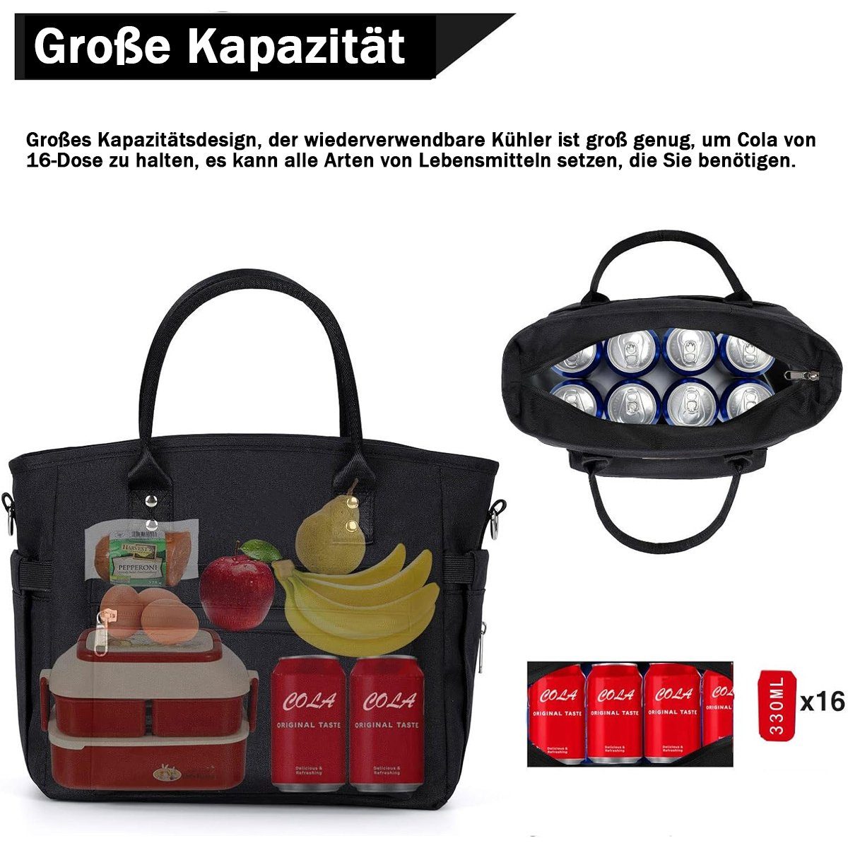 Isolierte Kühltasche Lunchtasche,für Picknick Büroarbeit Schule Strand Schwarz Lunchbox Jormftte