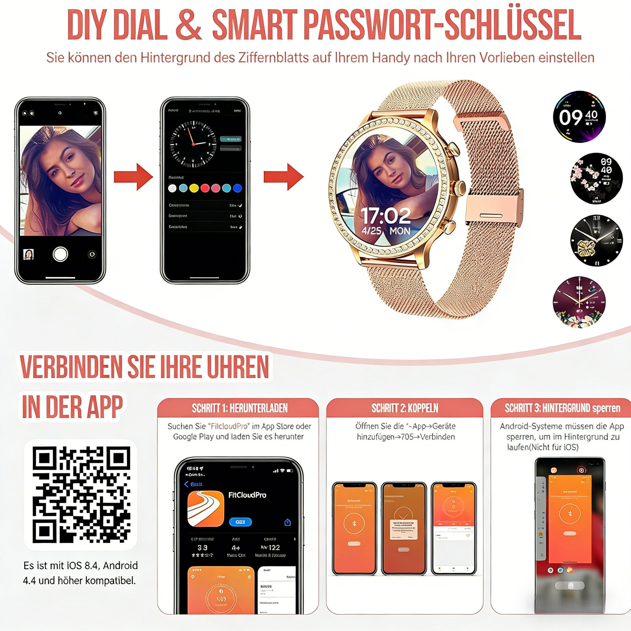 AIBISTAR Smartwatch Damen mit Telefonfunktion,  HD Voll Touchscreen Wasserdicht Smartwatch, Diamantzifferblatt, austauschbare Armbänder, 1.32 Zoll Schlafmonitor Blutdruckmessung Schrittzähler für Android/iOS