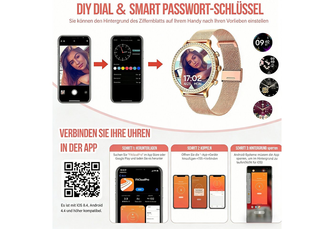 AIBISTAR Smartwatch Damen mit Telefonfunktion, HD Voll Touchscreen Wasserdicht Smartwatch, Diamantzifferblatt, austauschbare Armbänder, 1.32 Zoll Schlafmonitor Blutdruckmessung Schrittzähler für Android/iOS goldfarben