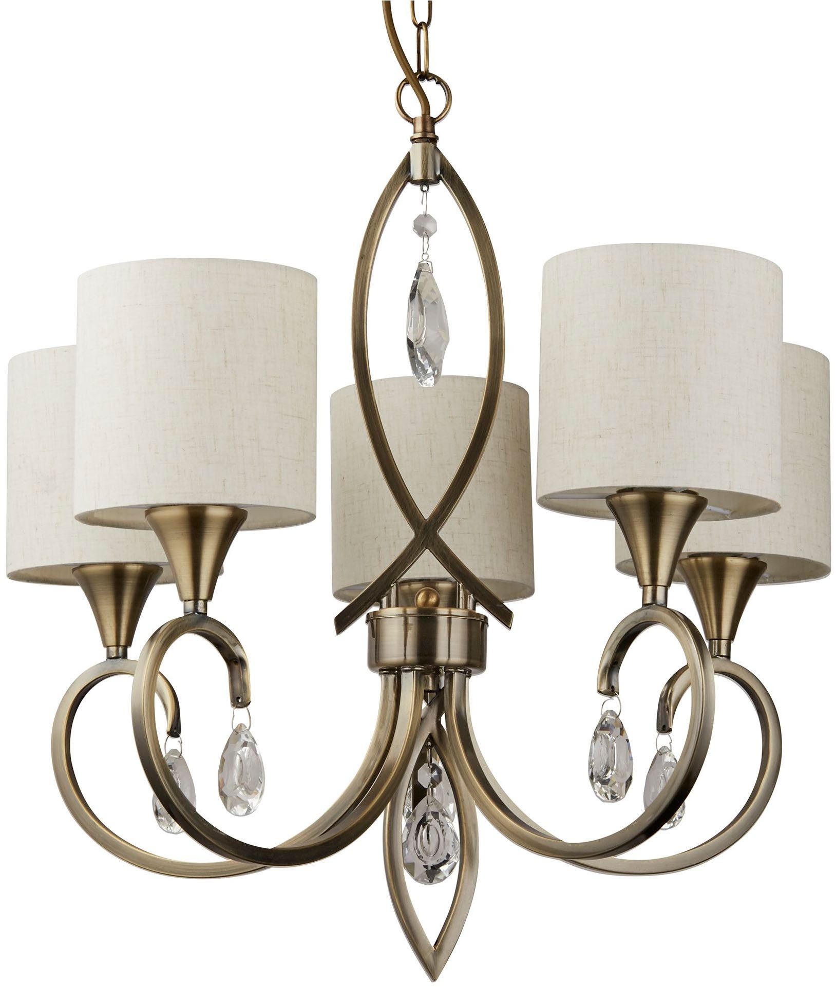 Searchlight Kronleuchter Alberto 5Lt Pendant - Antique Brass, Crystal & Linen Shade, Leuchtmittel wechselbar