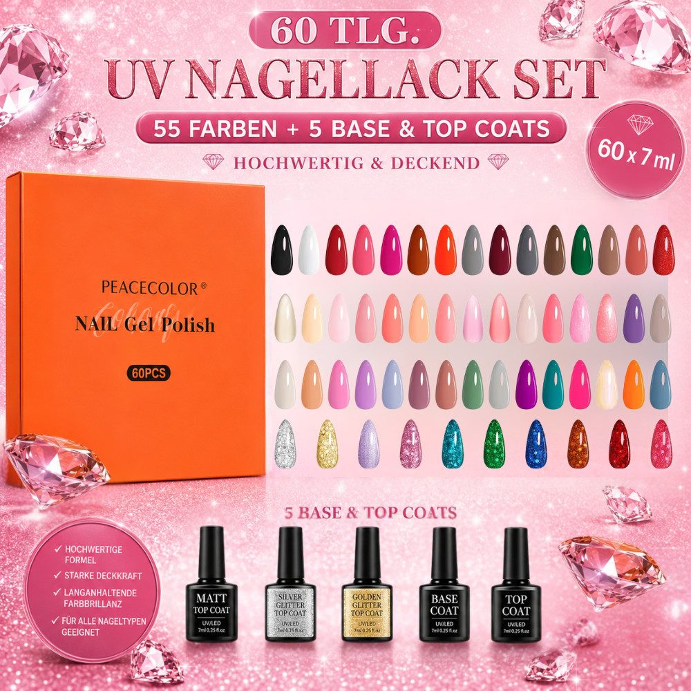 Sun Garden Nails Gel-Nagellack 60 tlg. UV Nagellack Set inkl. UV Base & Top Coat, 60-tlg.