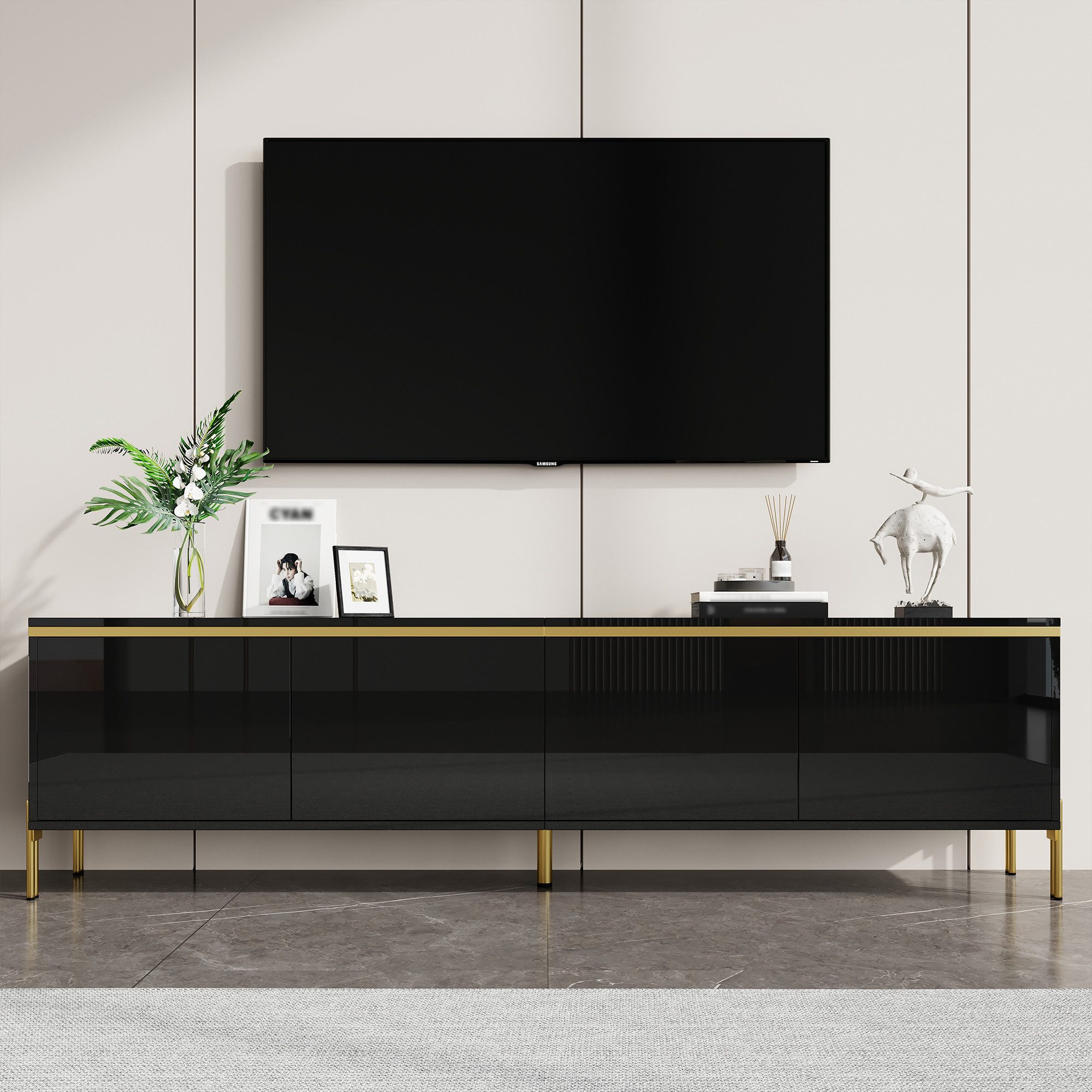 BlingBin TV-Schrank TV-Ständer Hochglanz-Lowboard 170CM (1-St., mit 4 Türen, Metallfüße mit goldfarbenen Akzenten) Kabeldurchführung, modernes TV-Lowboard für Wohnzimmer