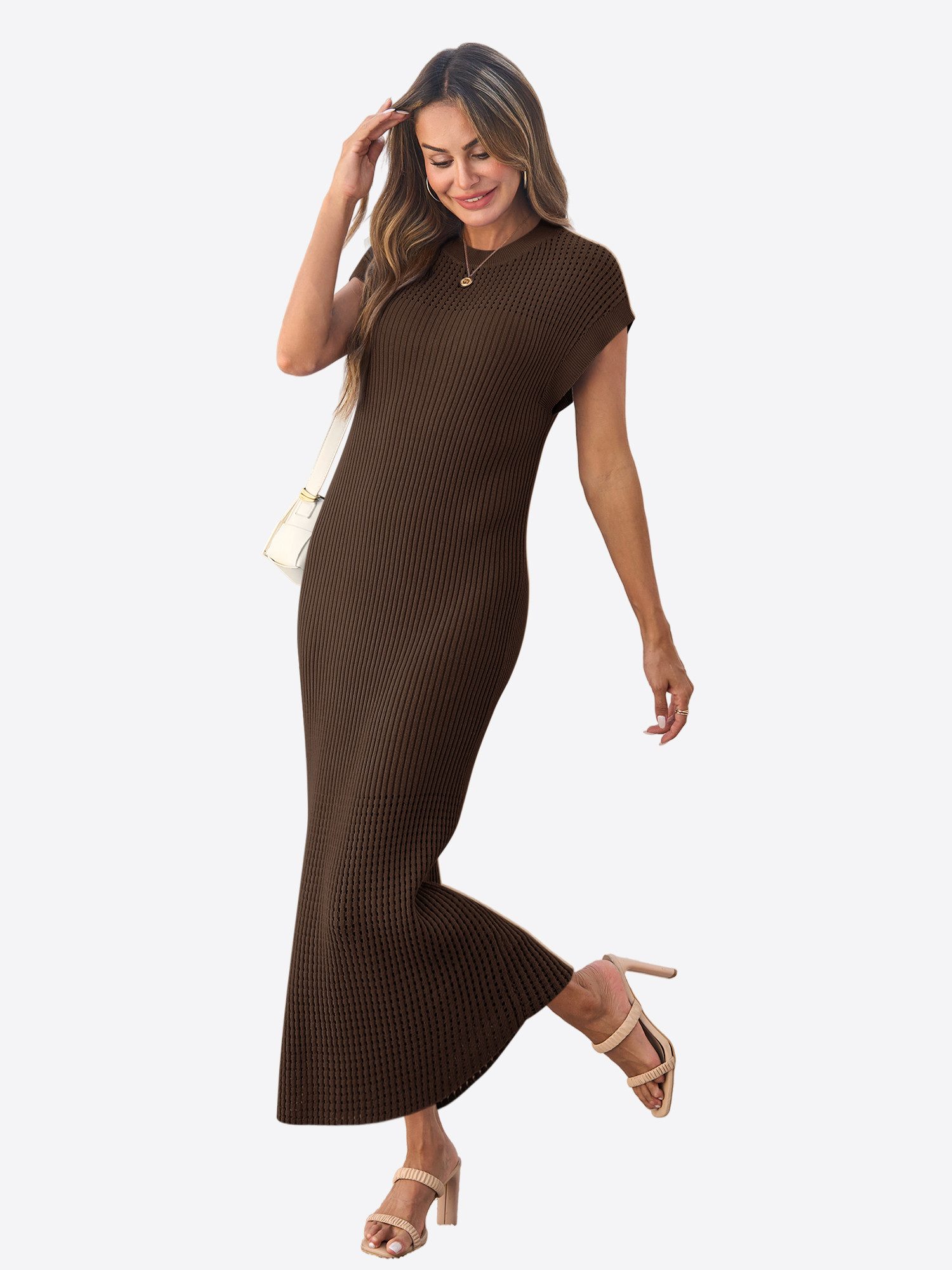Imily Bela Strickkleid Damen mit Kurzarm und Rundhals Casual (Packung, 1-tlg., 1per-Pack) in Unifarbe mit Lochmustern und Rippstrick – Bild 4 von 5